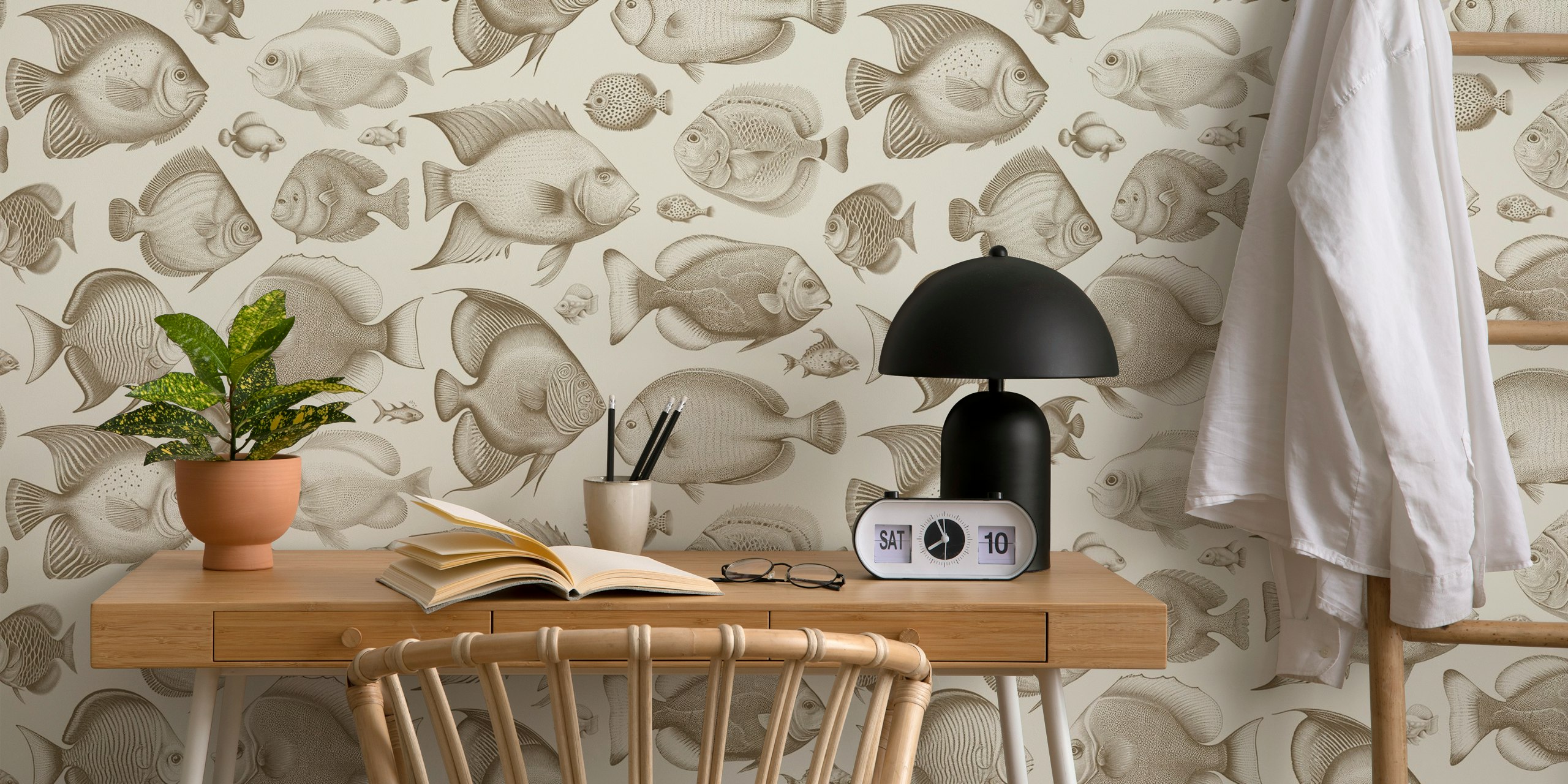 Vintage fish patterns in light browns and creams wallpaper