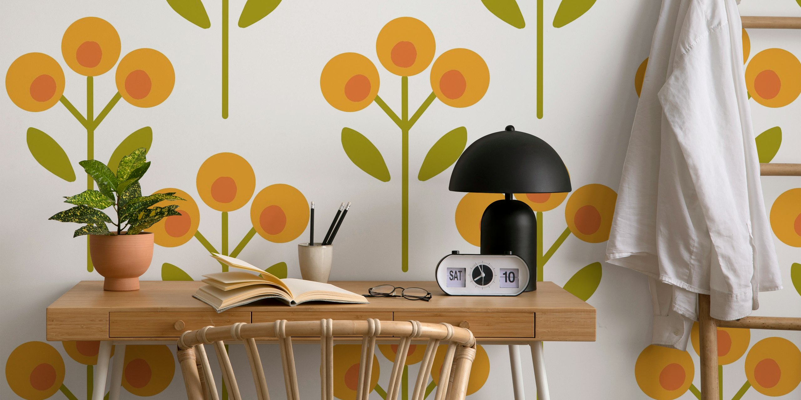 Colorful yellow floral pattern with green leaves wallpaper