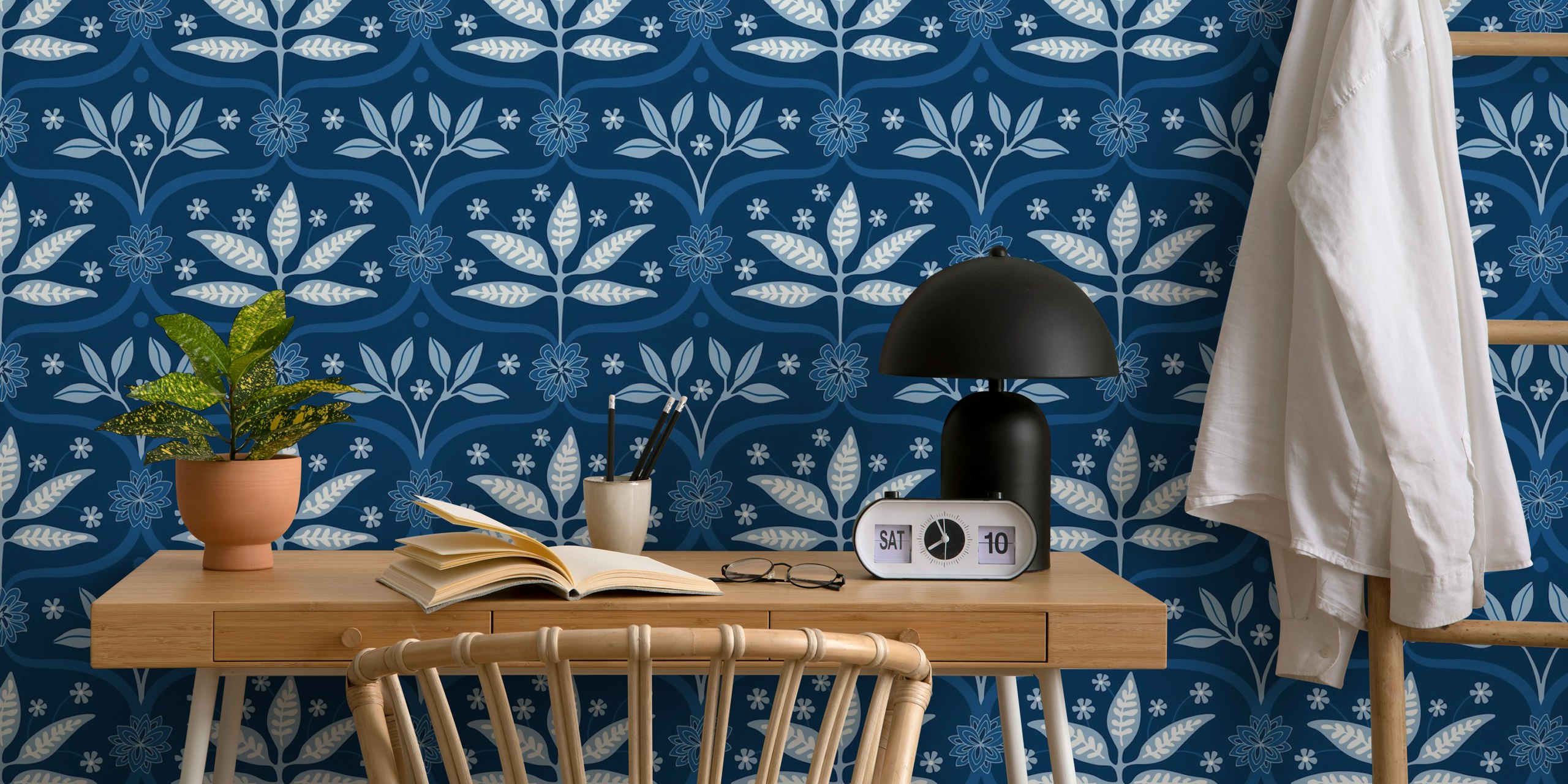 Mahal Floral Botanical Damask Blue Wallpaper Pattern