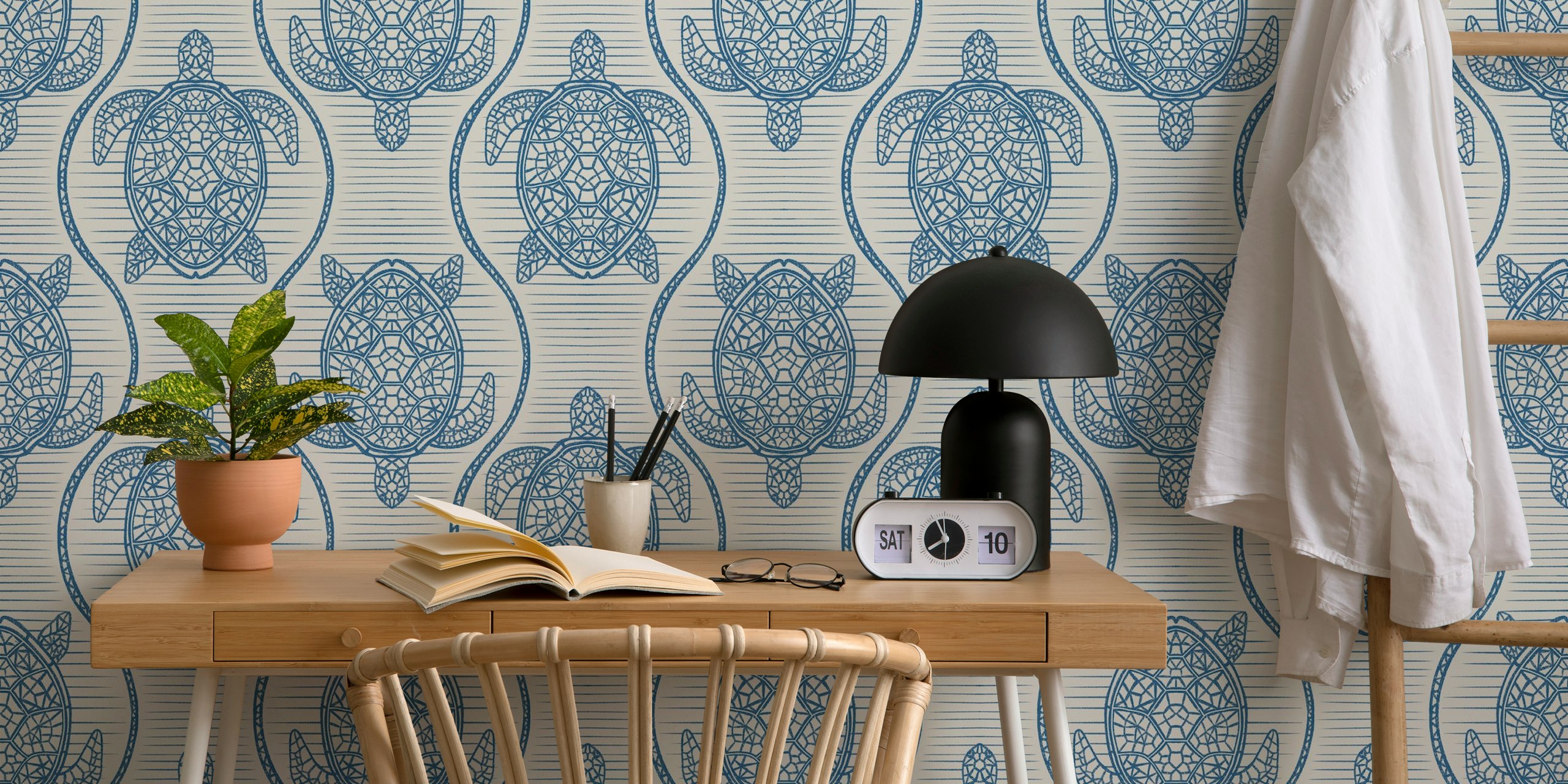 papel de parede Blue Turtles Ogee Coastal Boho no quarto