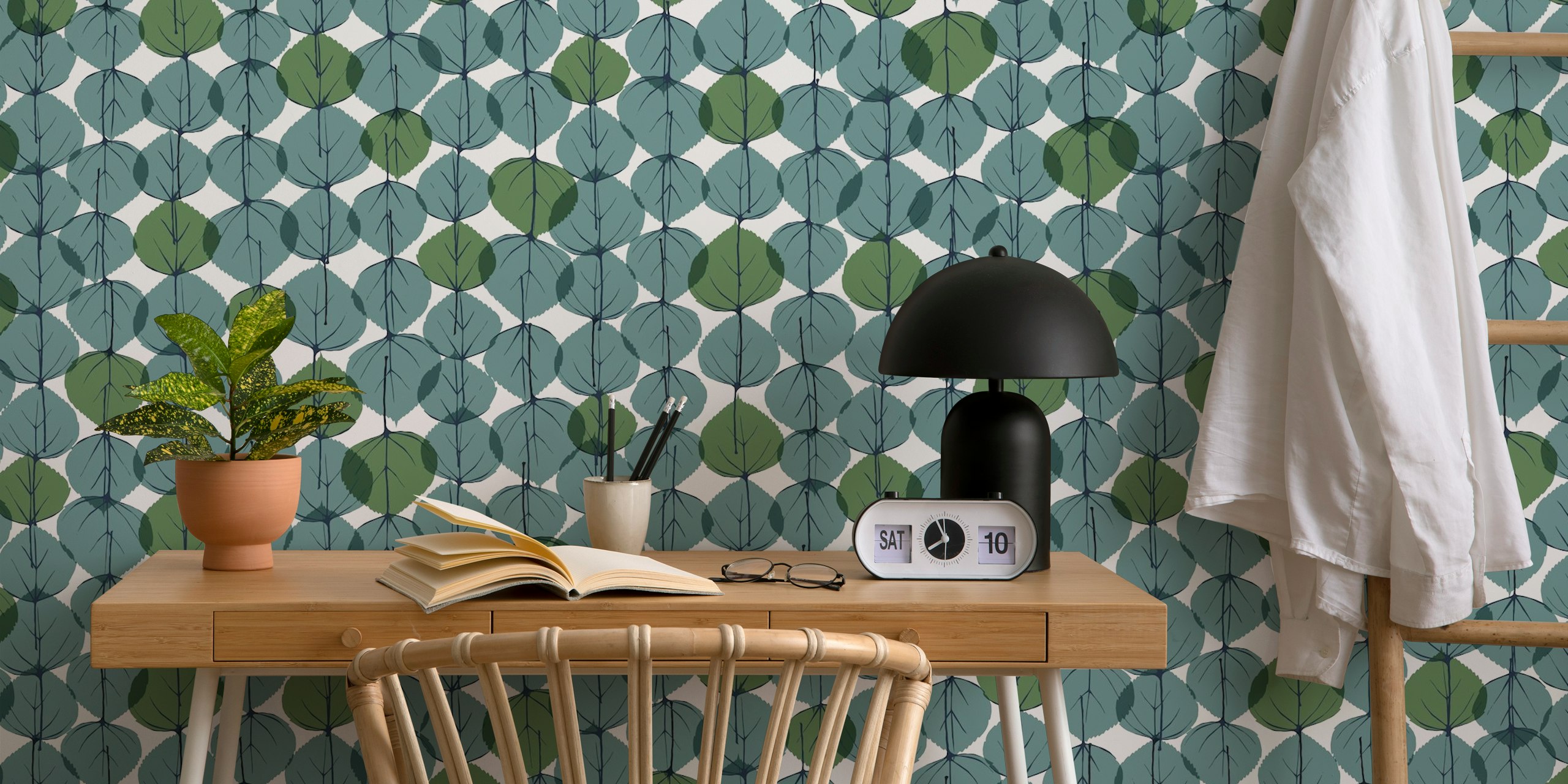 Cottonwood leaves pattern in shades of blue and green wallpaper