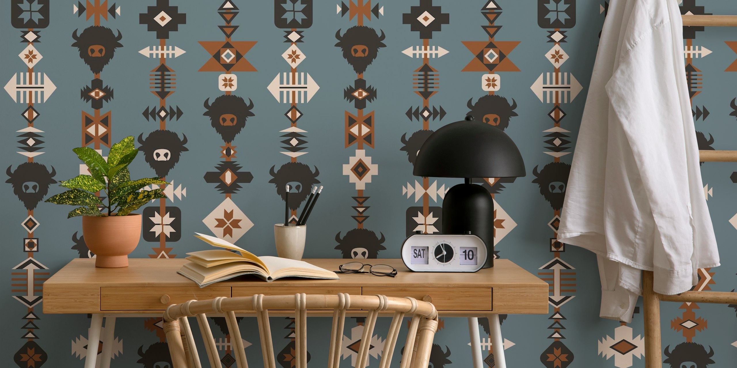 Buffalo Aztec Lines design in slate blue and brown wallpaper