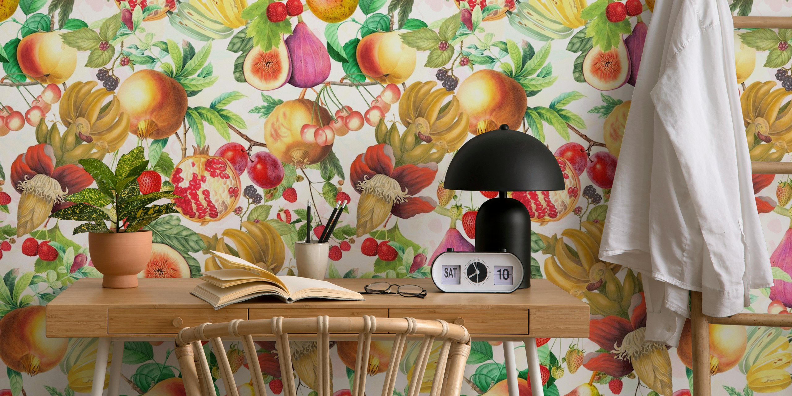 Colorful vintage fruits including apples, figs, and pomegranates wallpaper