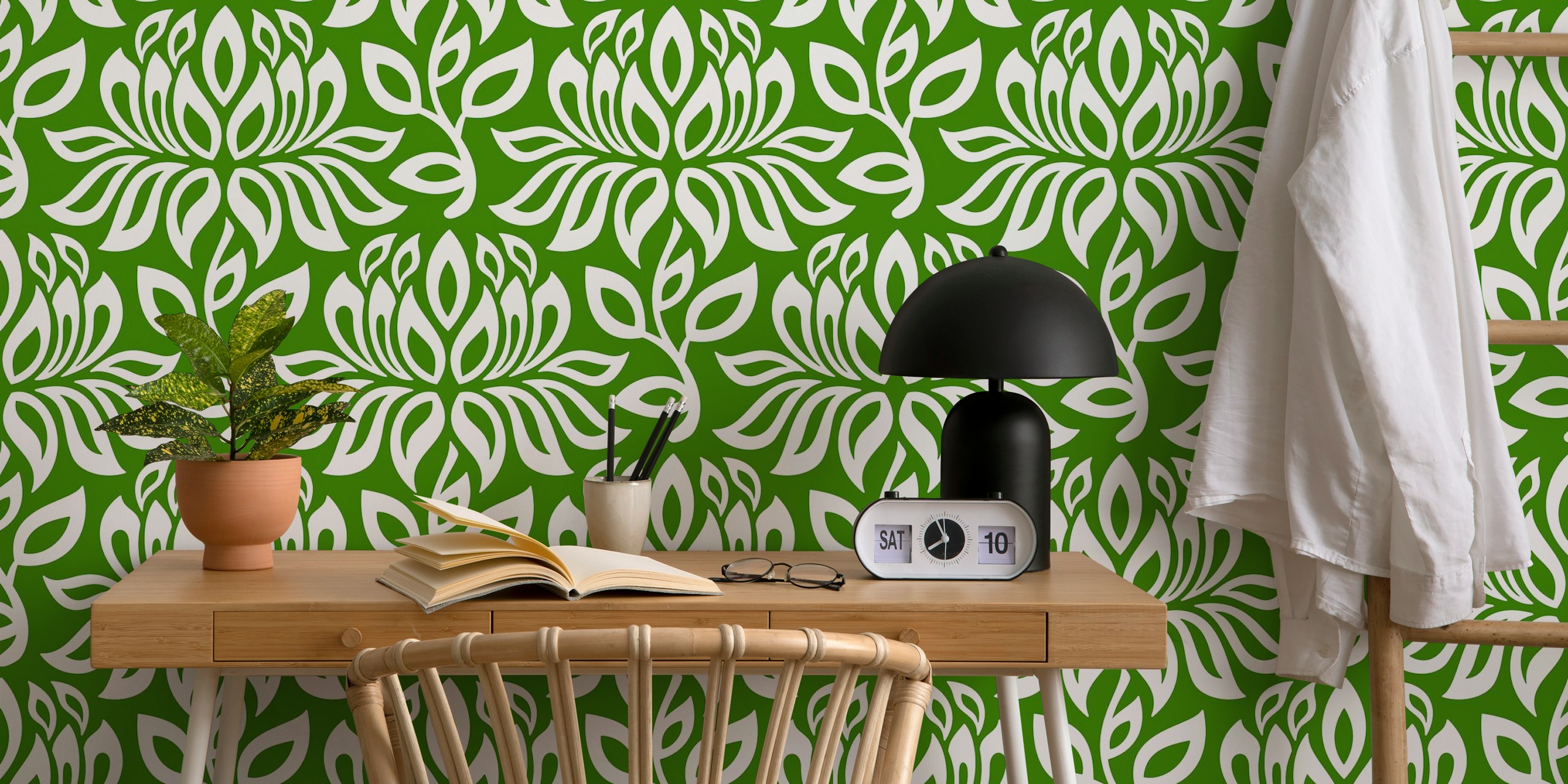 Ταπετσαρία Με White Flowers Silhouettes On Green / 3137C