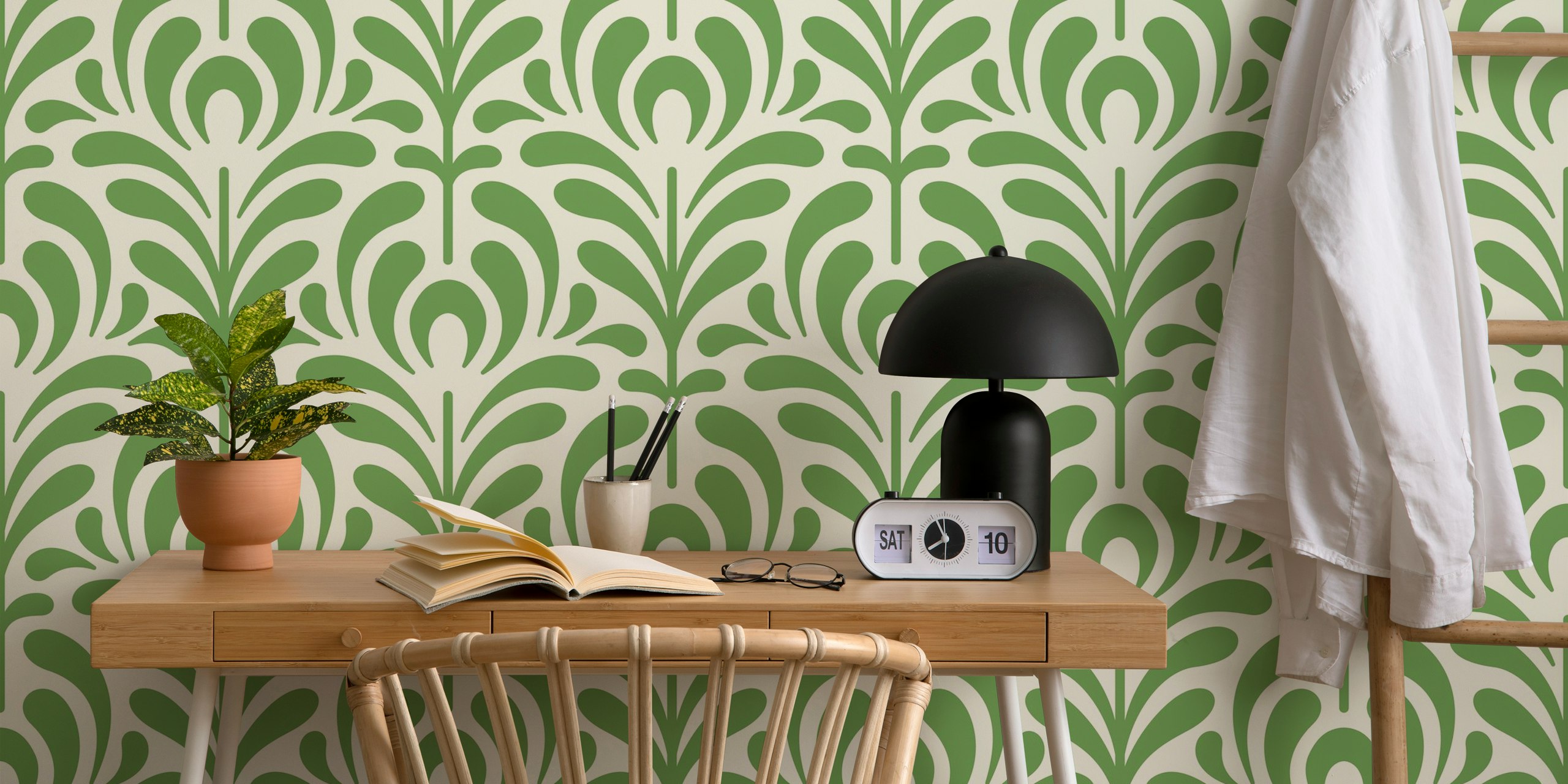 Green vintage floral pattern on cream background wallpaper