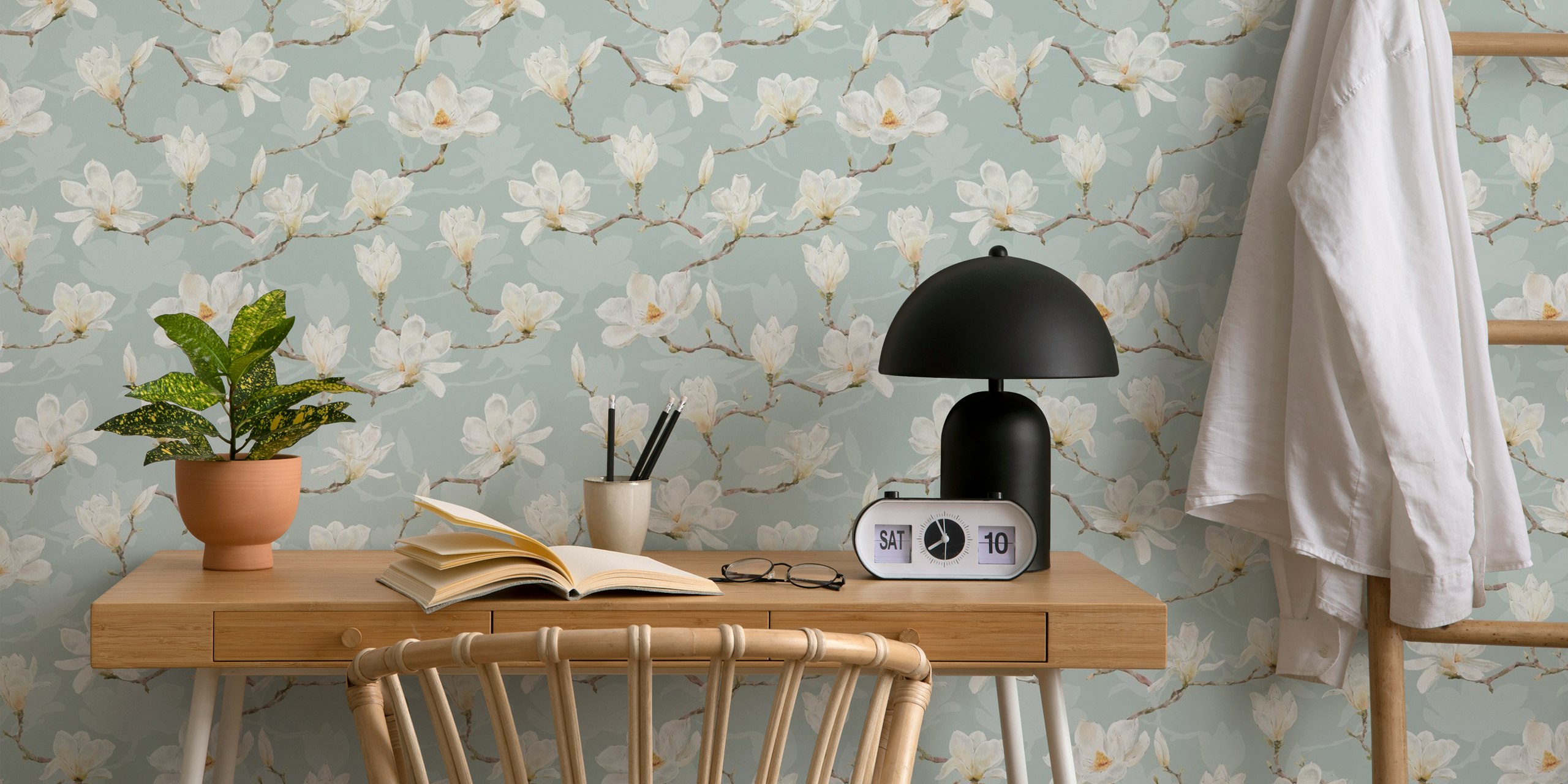 Vintage Magnolia Trellis wallpaper in a room