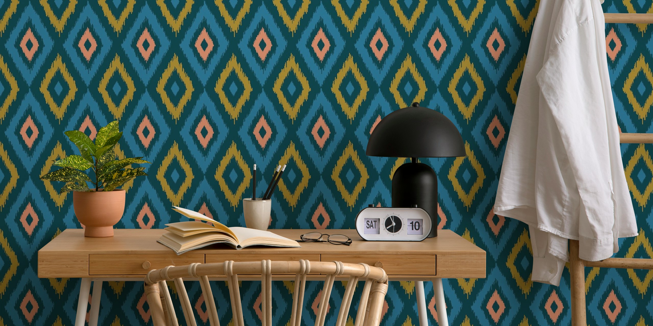 Diamond Ikat Boho Woven Exotic Blue Teal ταπετσαρία