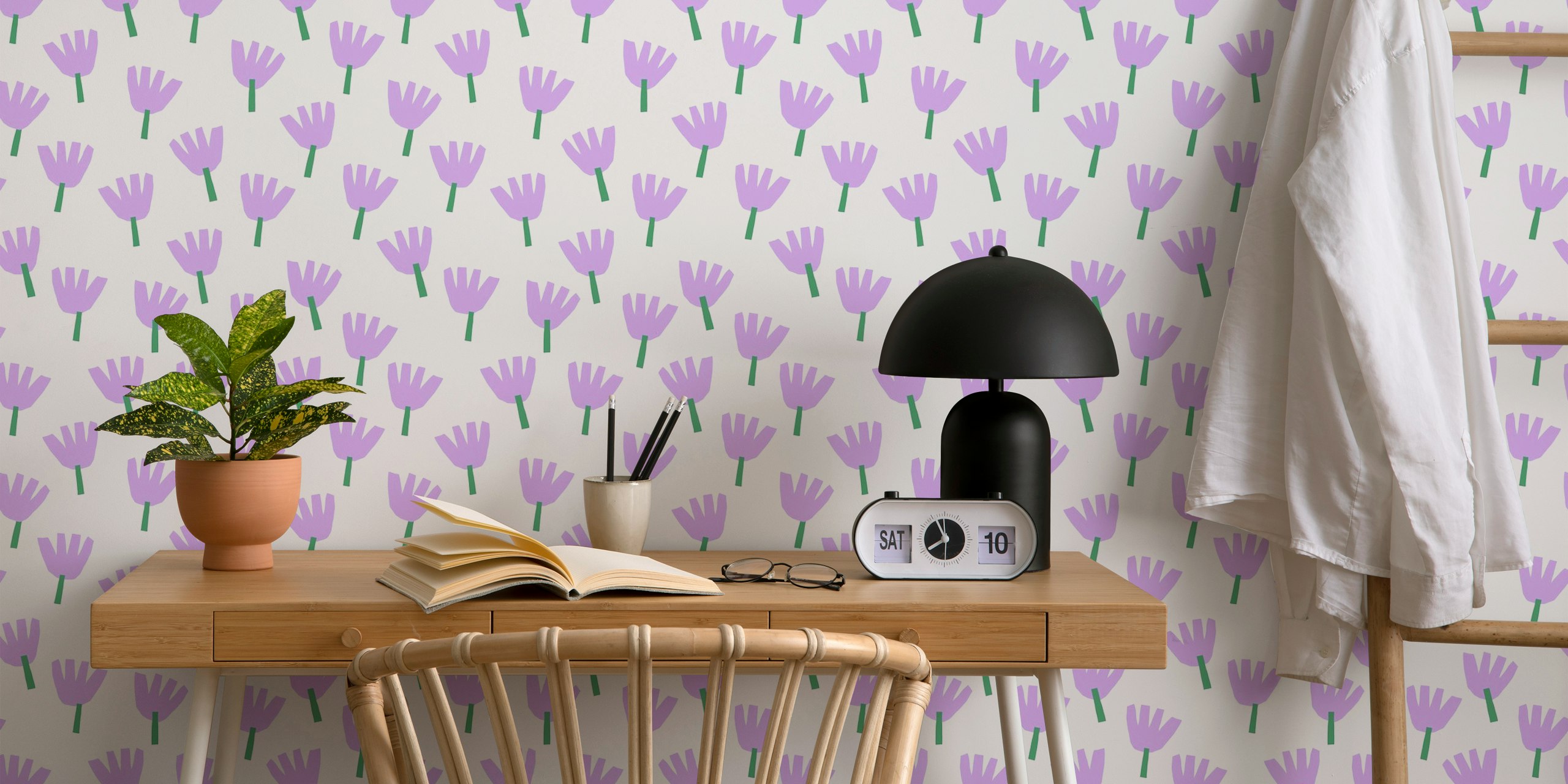 Lilac flowers with green stems on a white background wallpaper