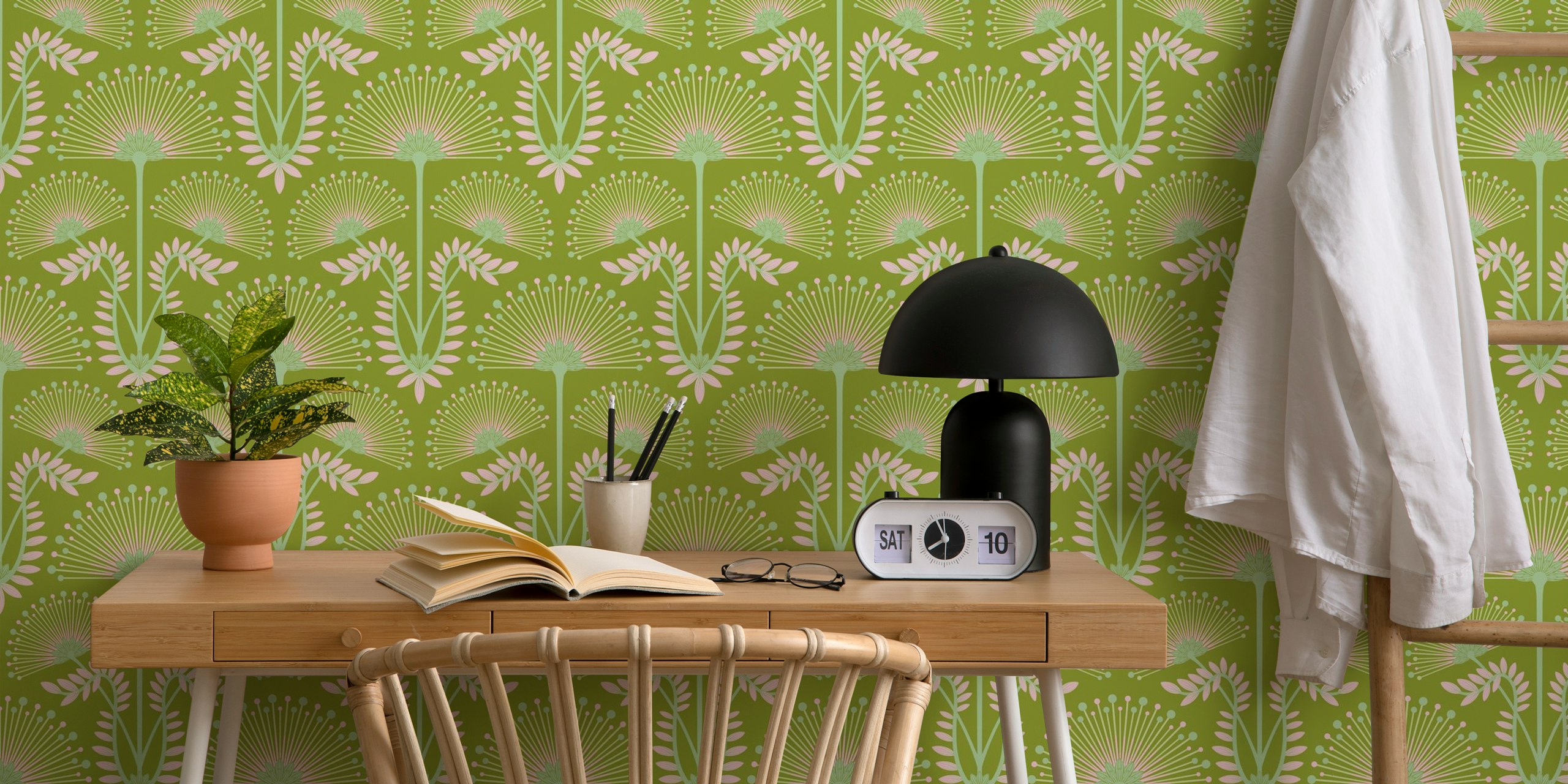 Floral pattern with green and pink colors in Art Deco style wallpaper