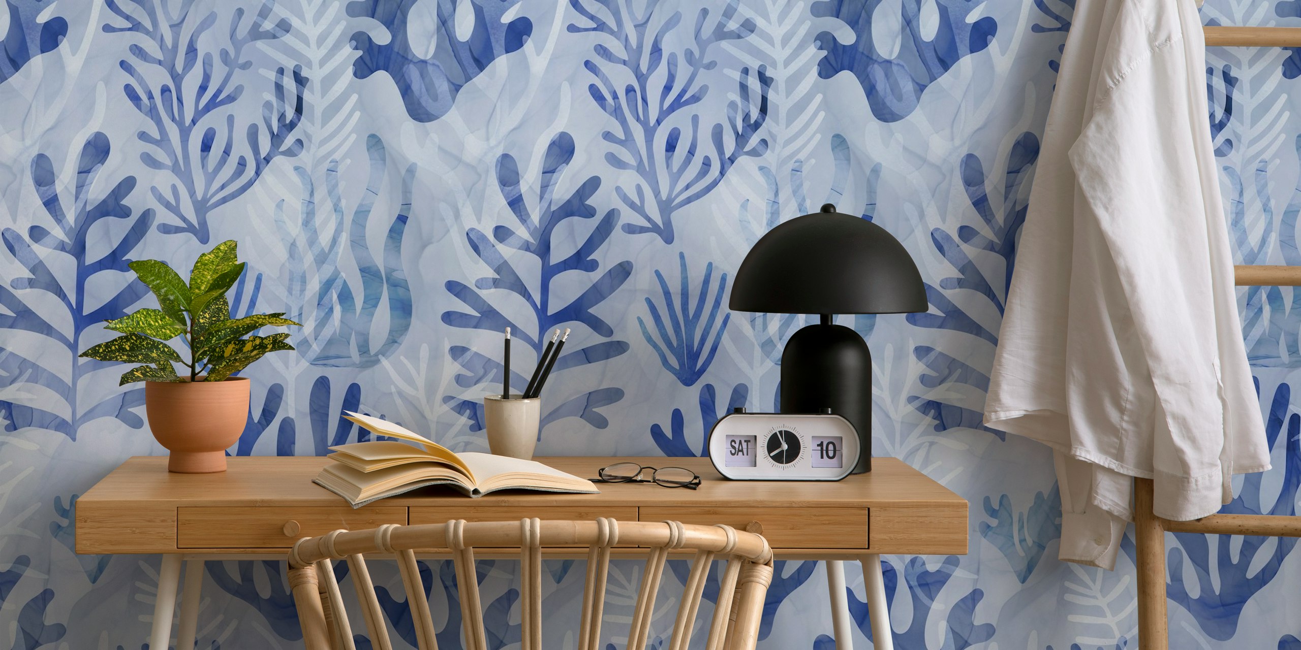Navy blue underwater coral wallpaper in room