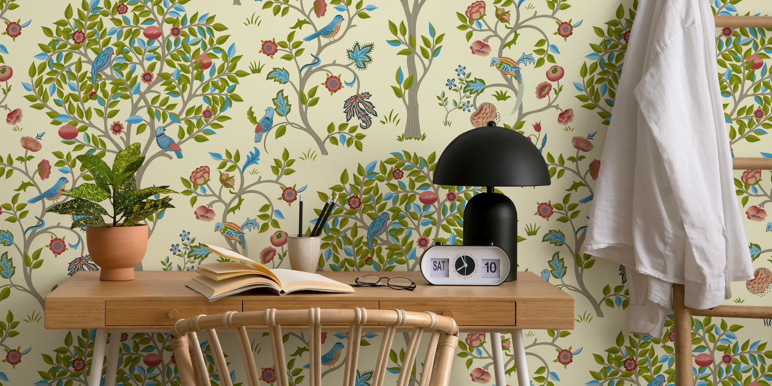 Pastel floral tree pattern with colorful birds and flowers wallpaper