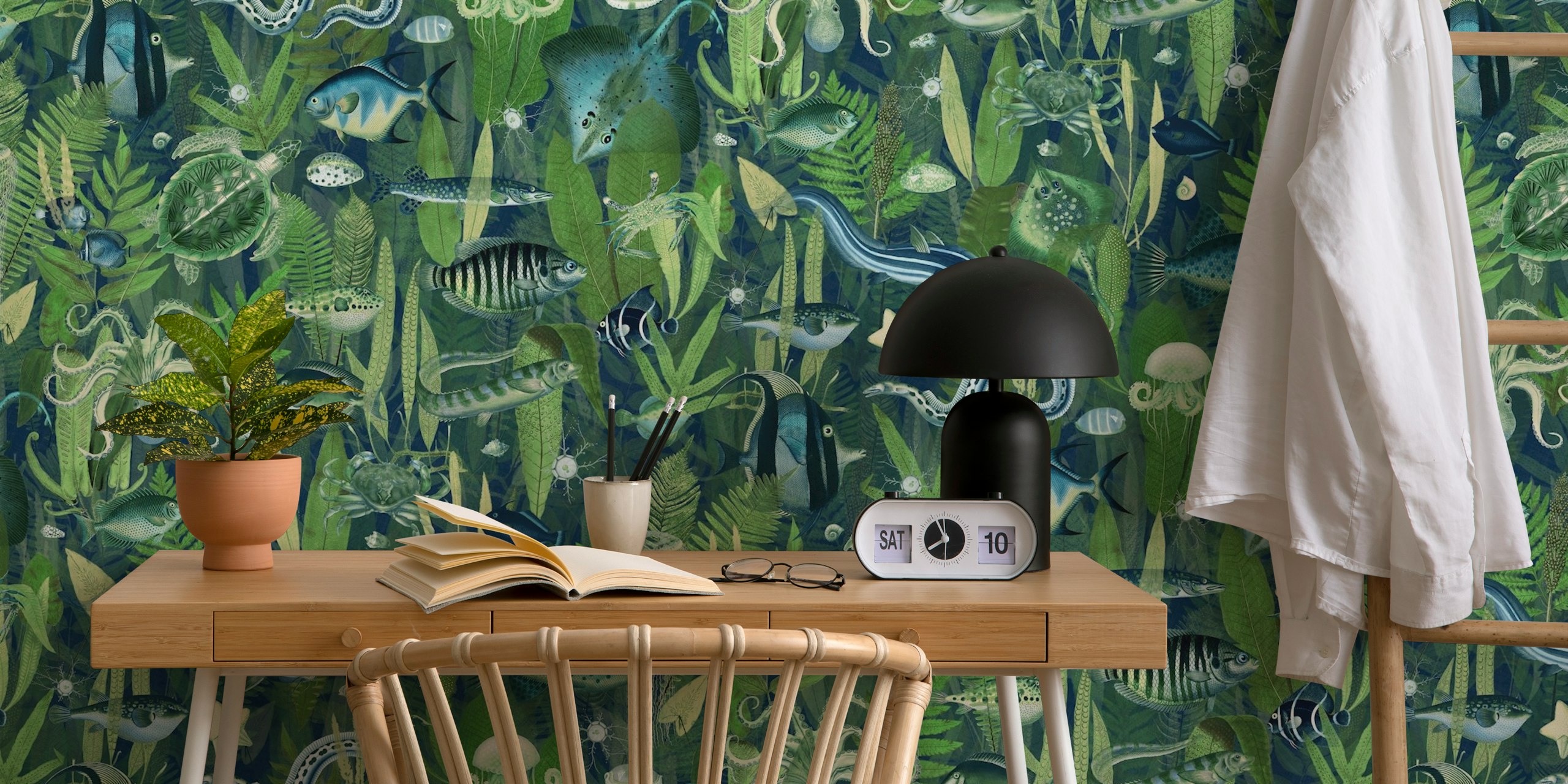 Tropical fish and aquatic plants in green and blue wallpaper