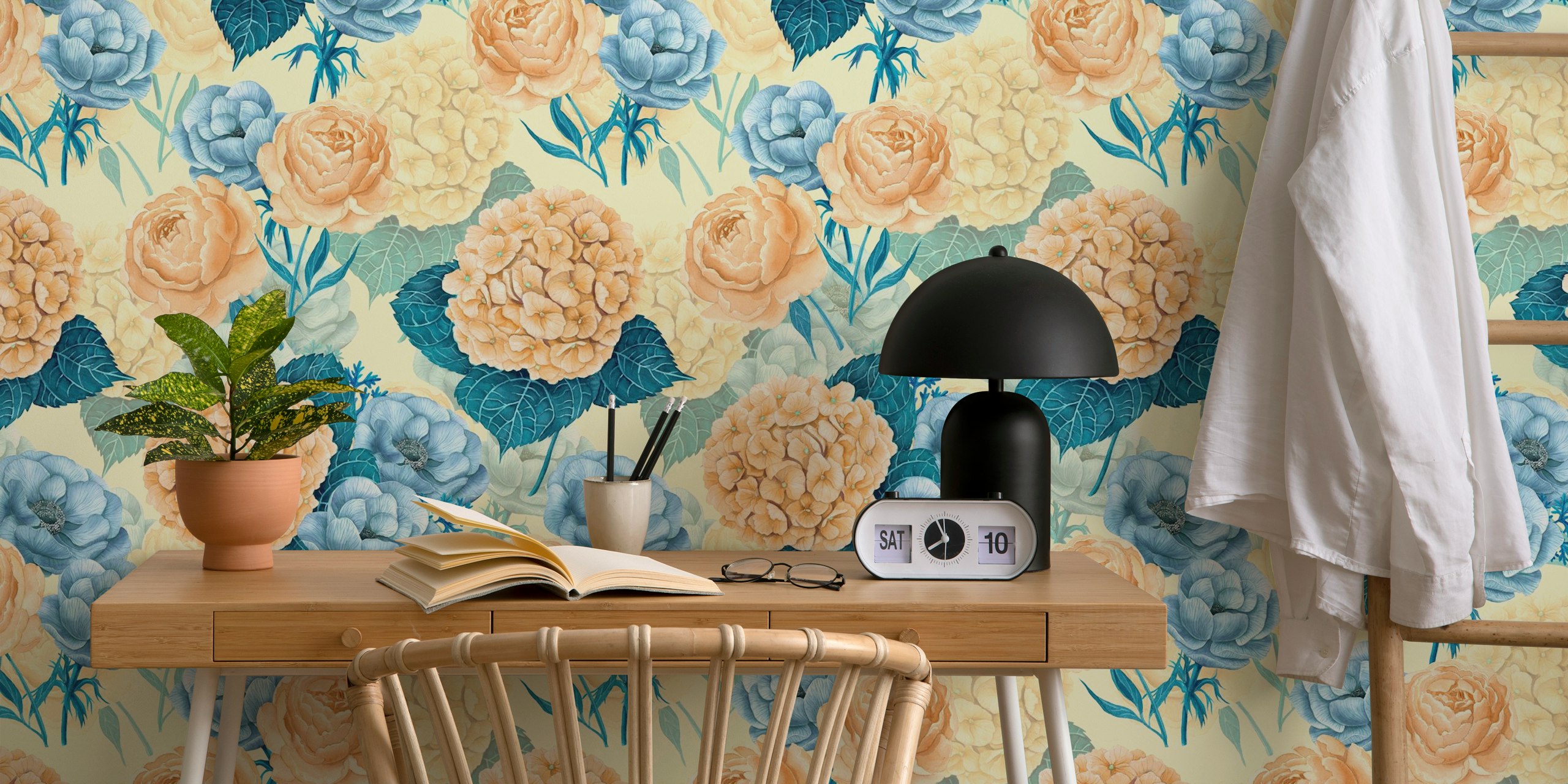 Illustrative watercolor spring garden with pastel roses and hydrangeas wall mural