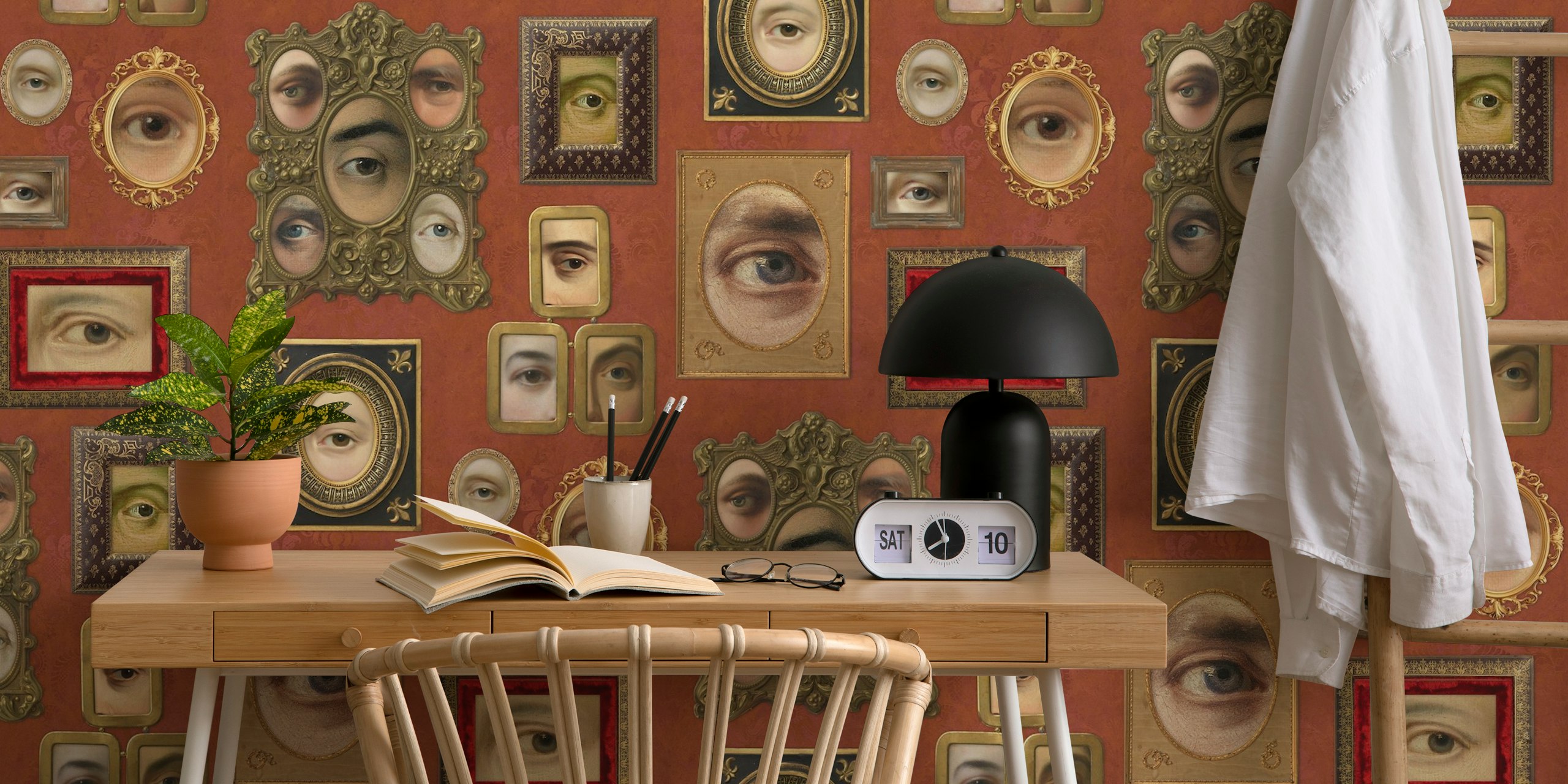 Victorian-style eyes in frames wall mural on a copper background