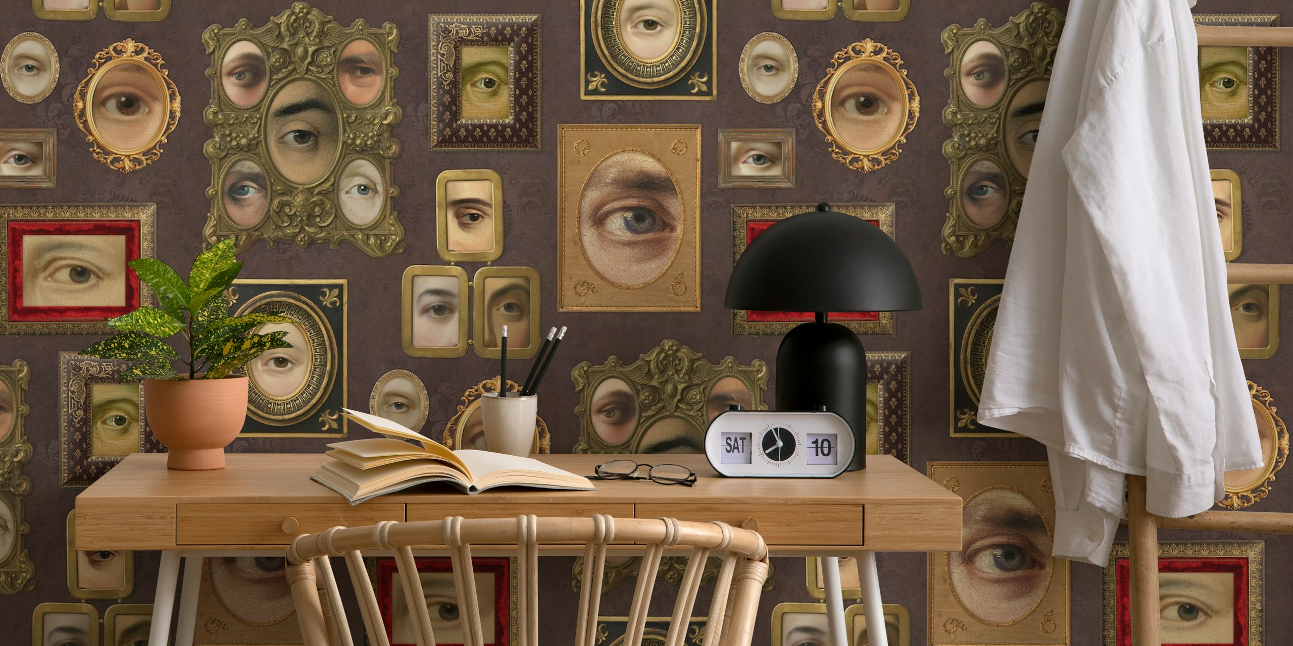 Unique Victorian portraits featuring eyes in ornate frames, brown tones wallpaper