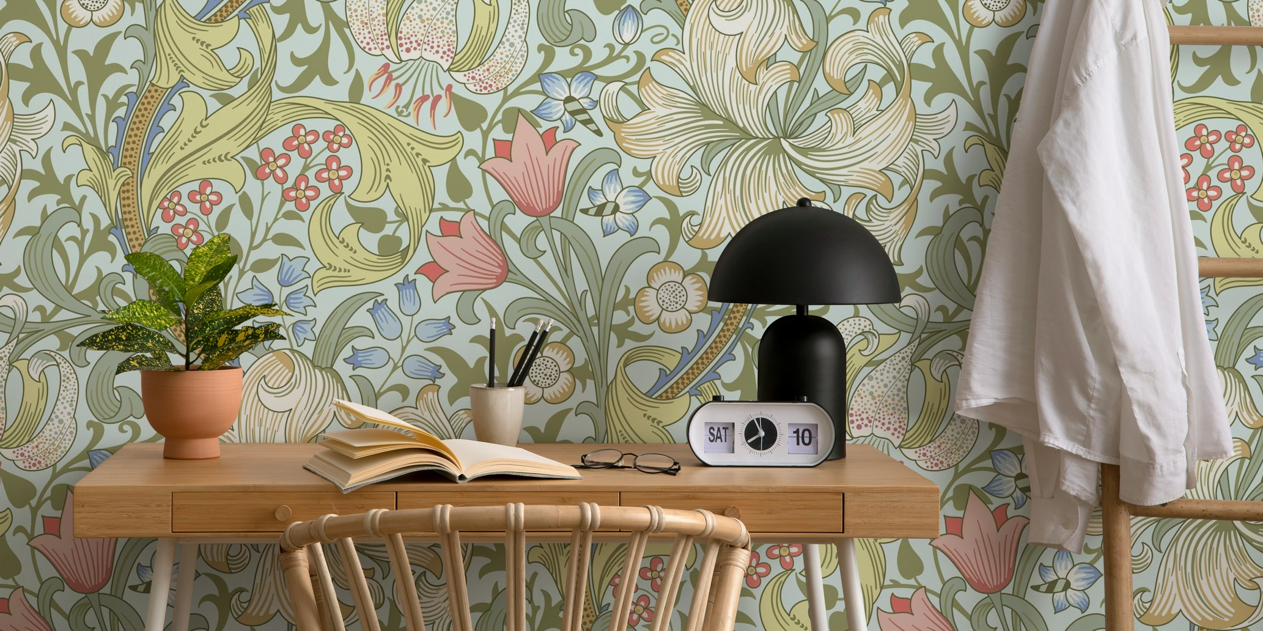Victorian floral design with gold and pastel hues wallpaper