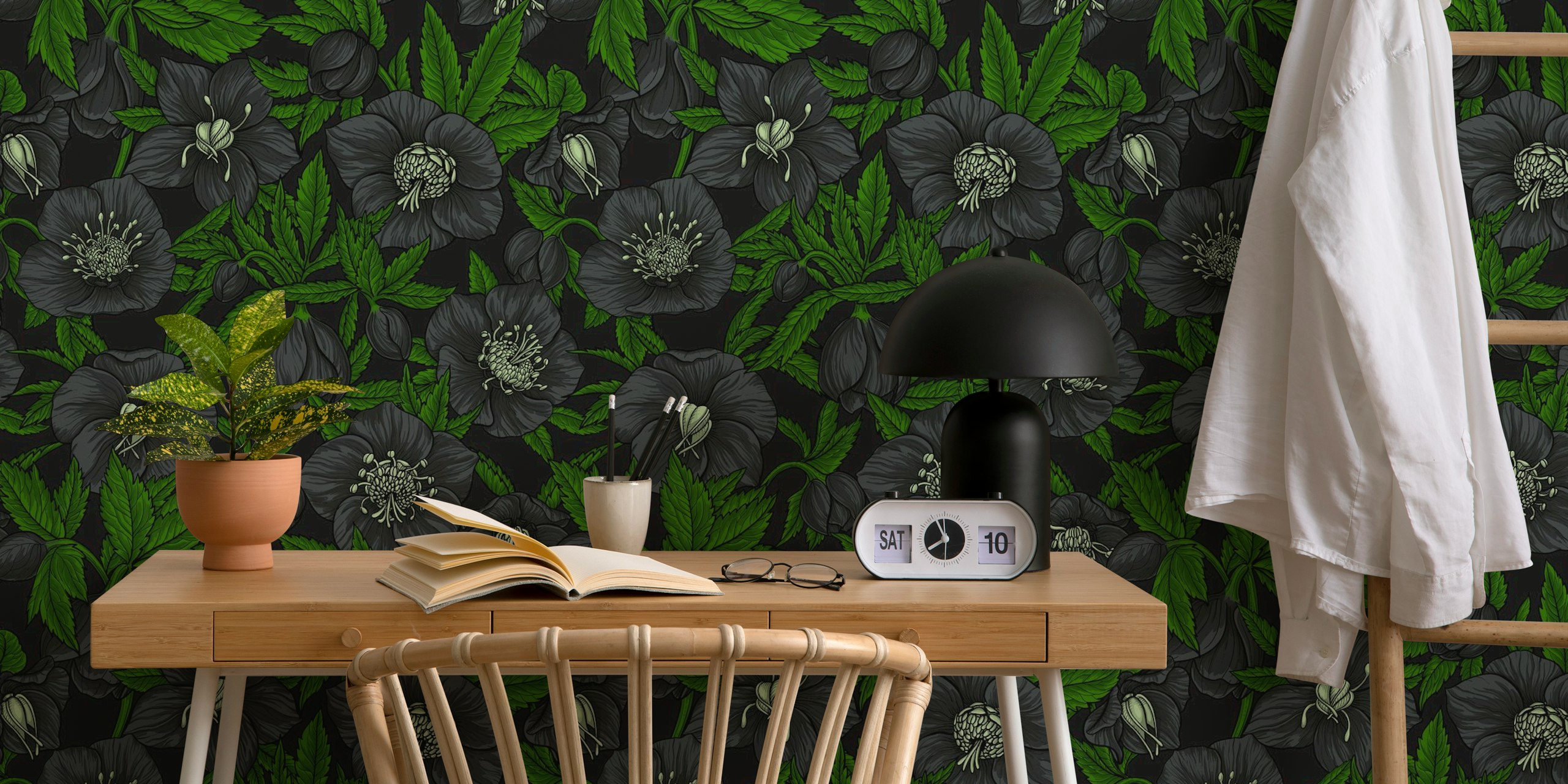 Black floral wallpaper with hellebores and green leaves in intricate design