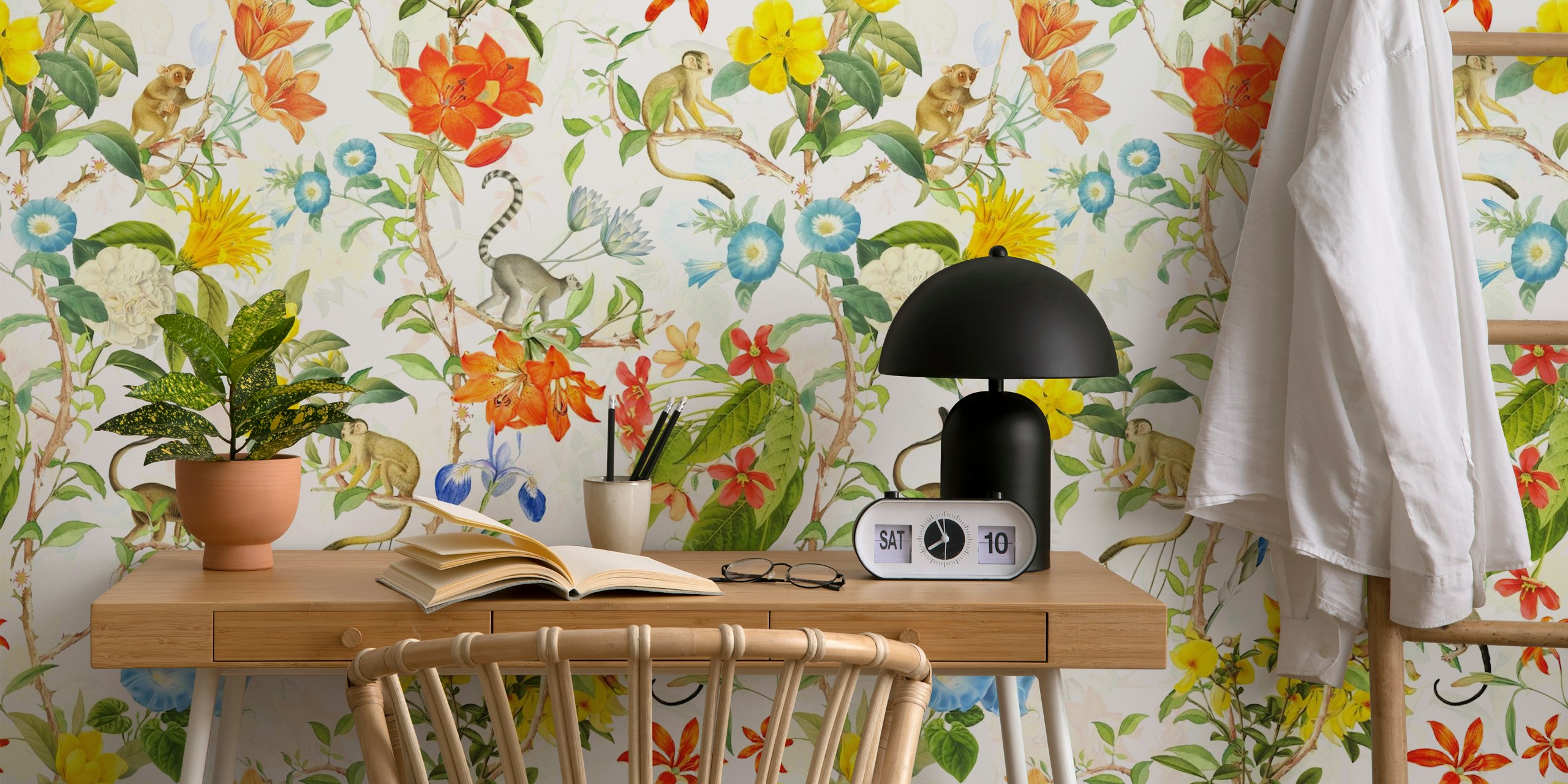 Monkeys and colorful flowers in a Chinoiserie garden wallpaper