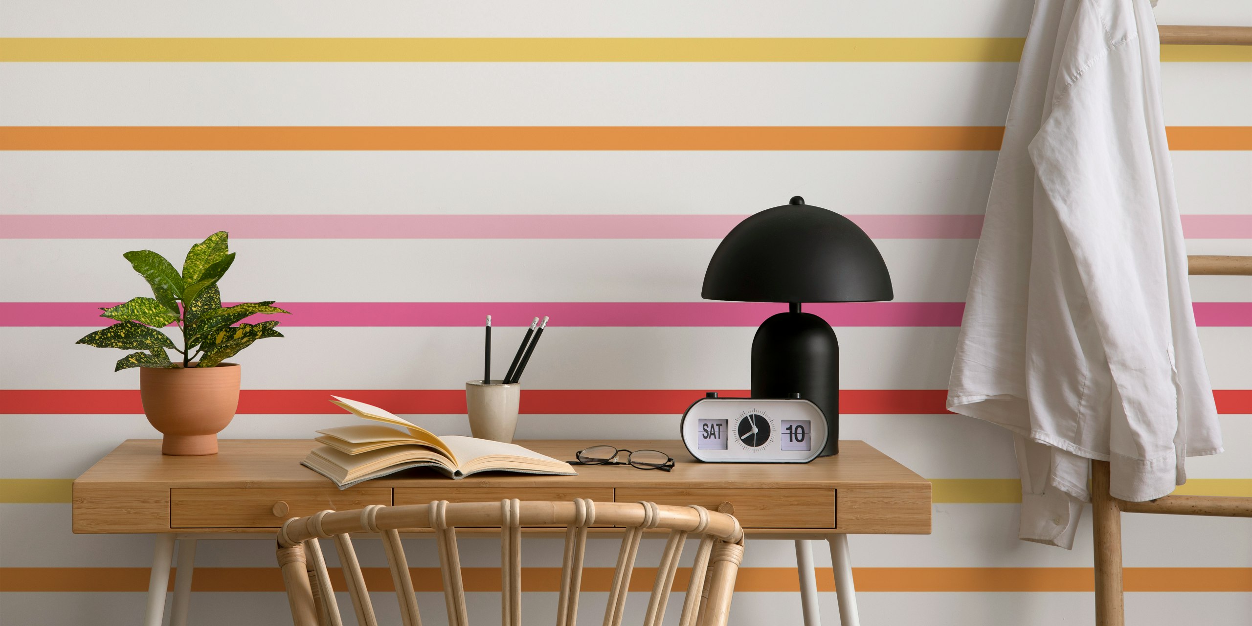 Pastel-striped wall mural in soft shades of pink, coral, and beige