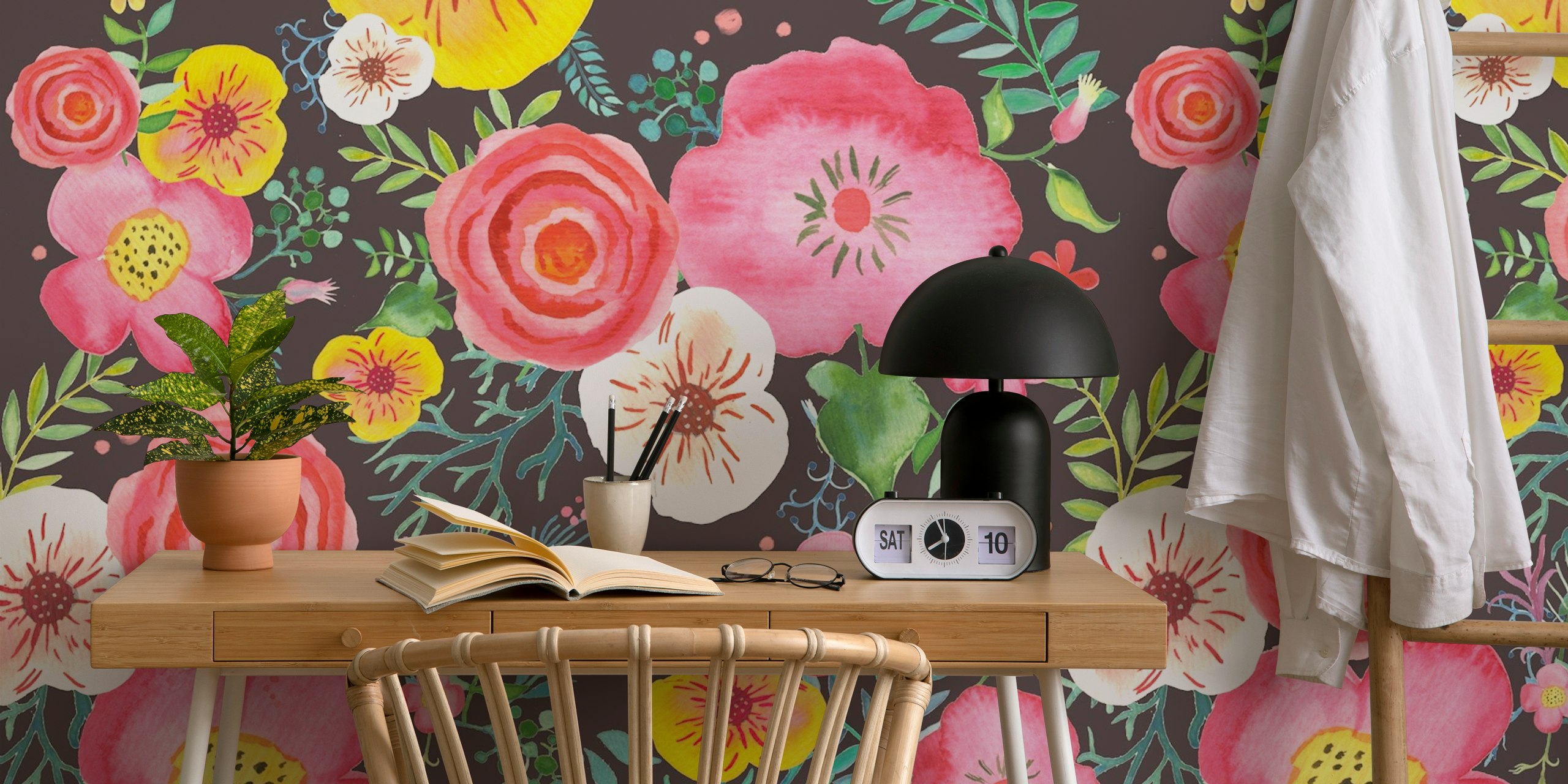 Colorful garden flowers in pink, yellow, and white on dark background wallpaper