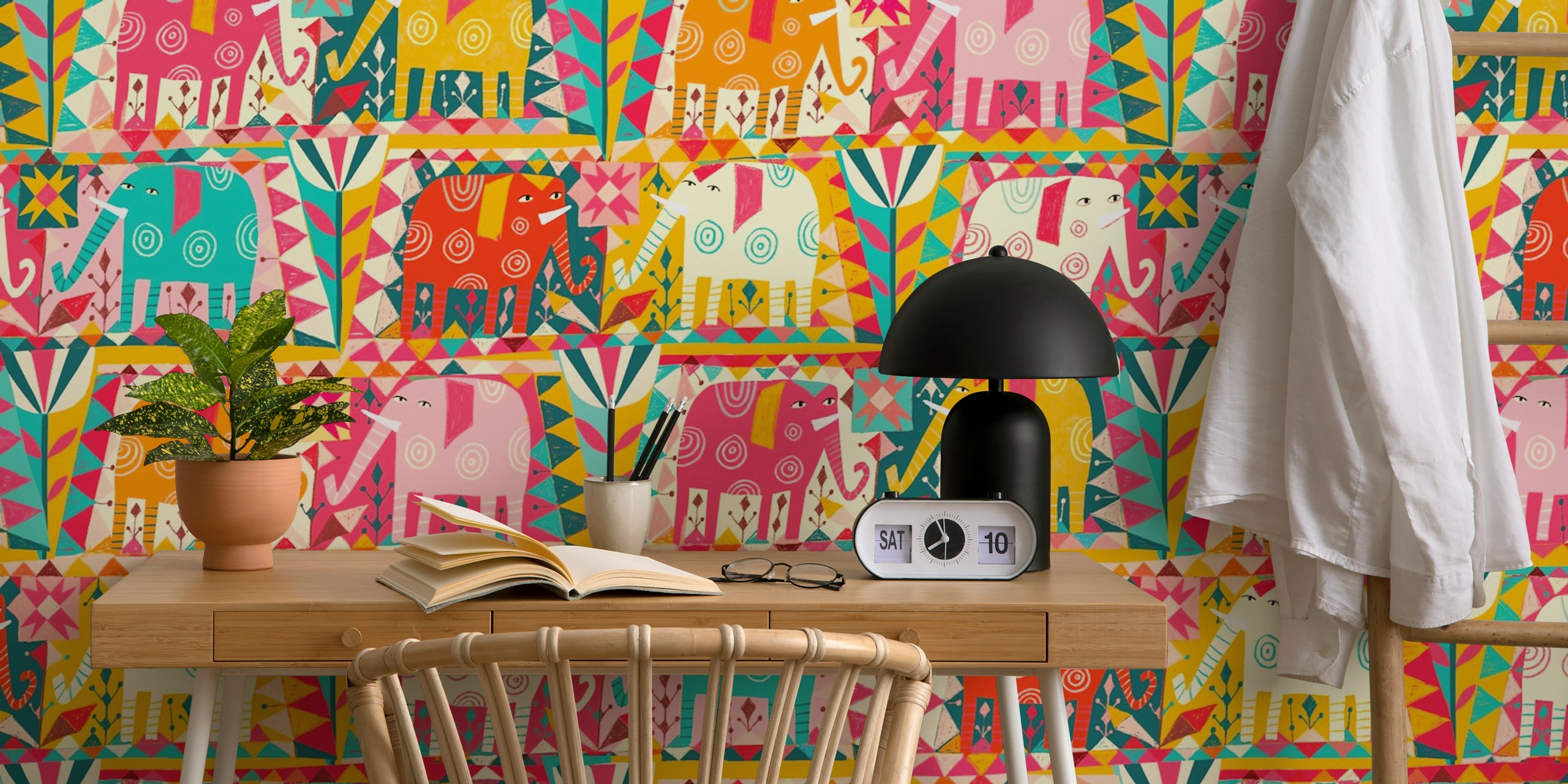 Colorful elephants with geometric patterns in pink, blue, and orange wallpaper