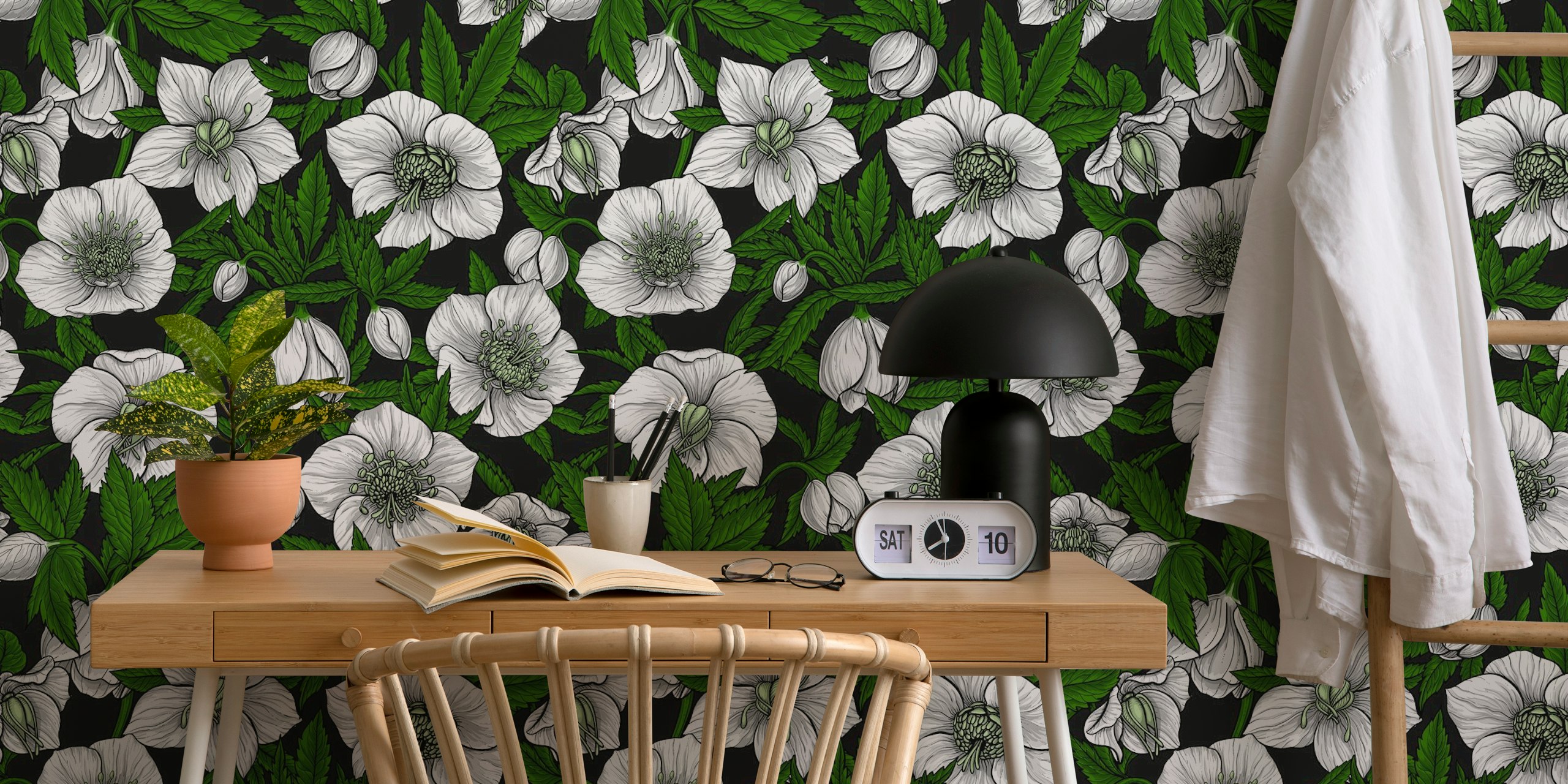 Blomster tapet med White Hellebores och gröna blad