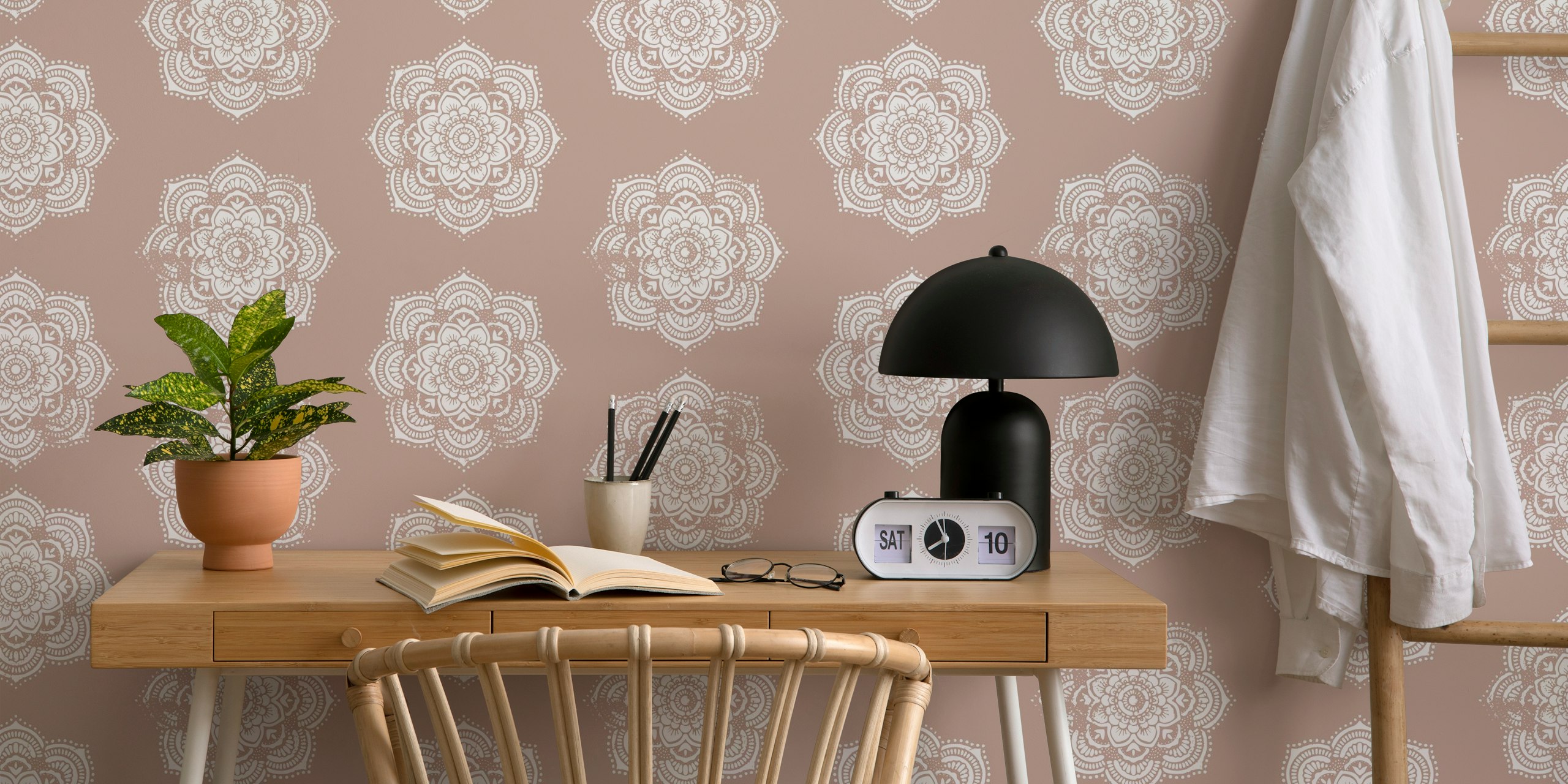 Beige floral mandala patterns on a muted background wallpaper