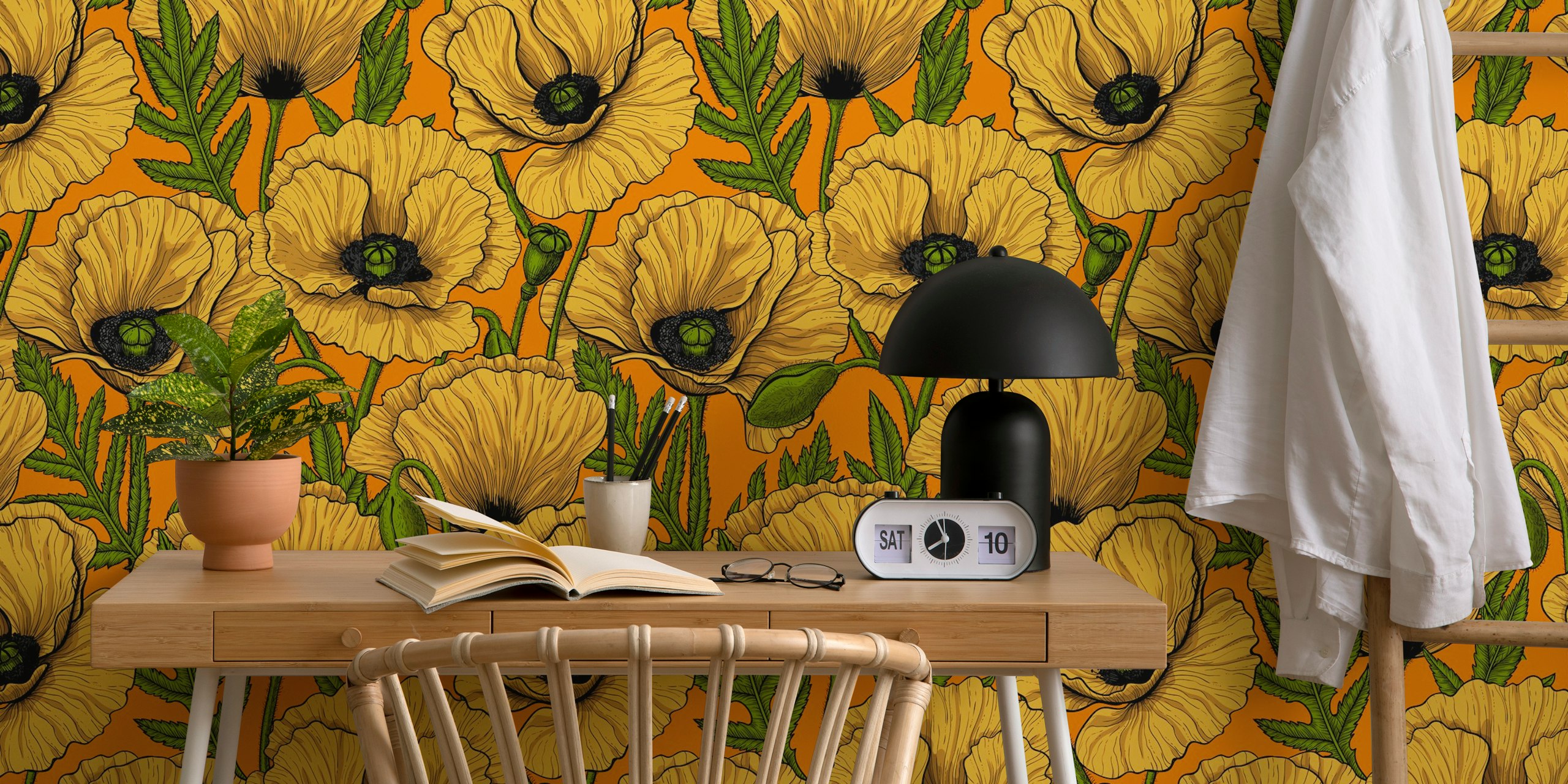 Yellow poppy flowers wall mural on a warm background for home decor