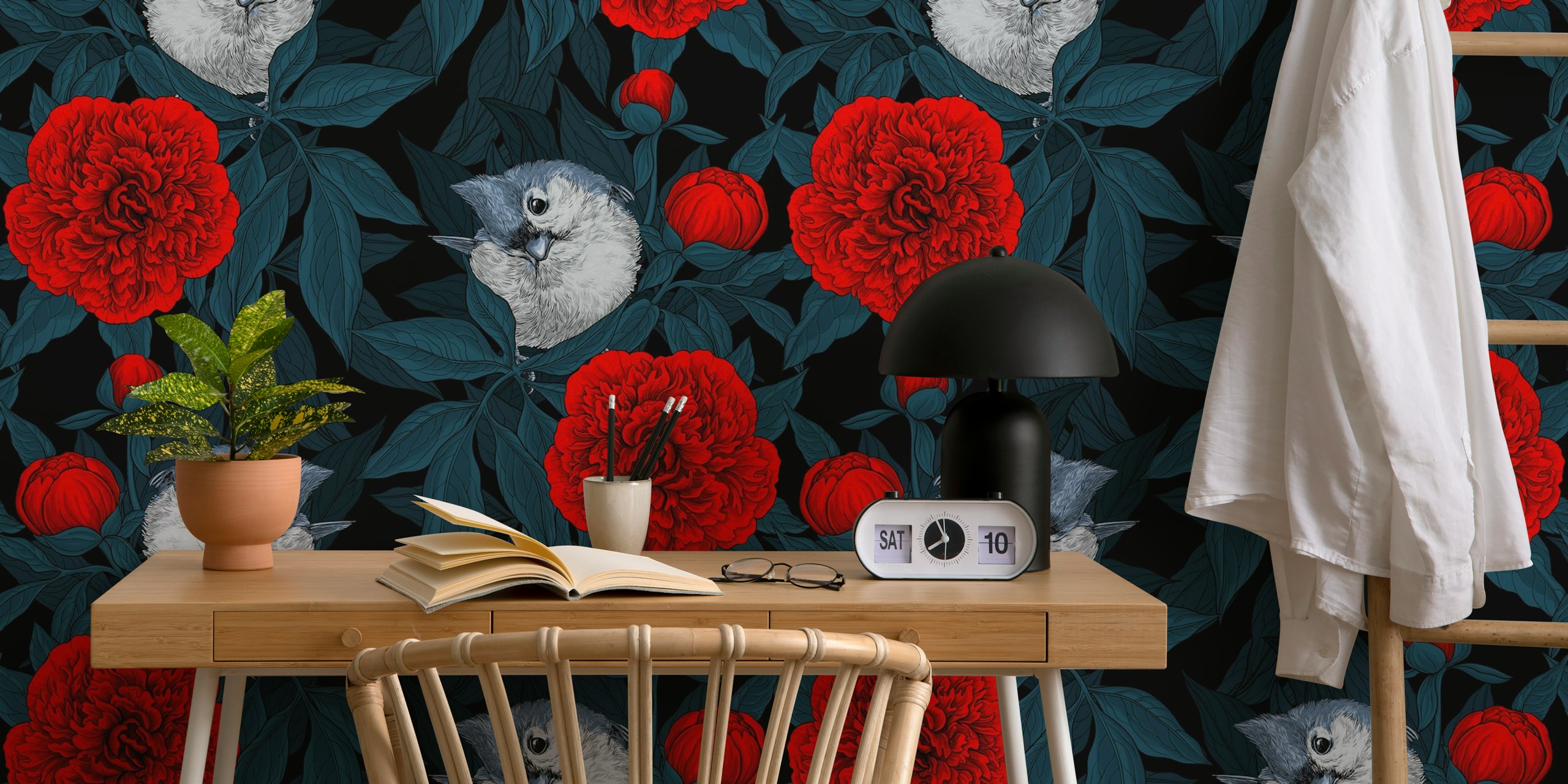 Wallpaper featuring birds and red peony flowers