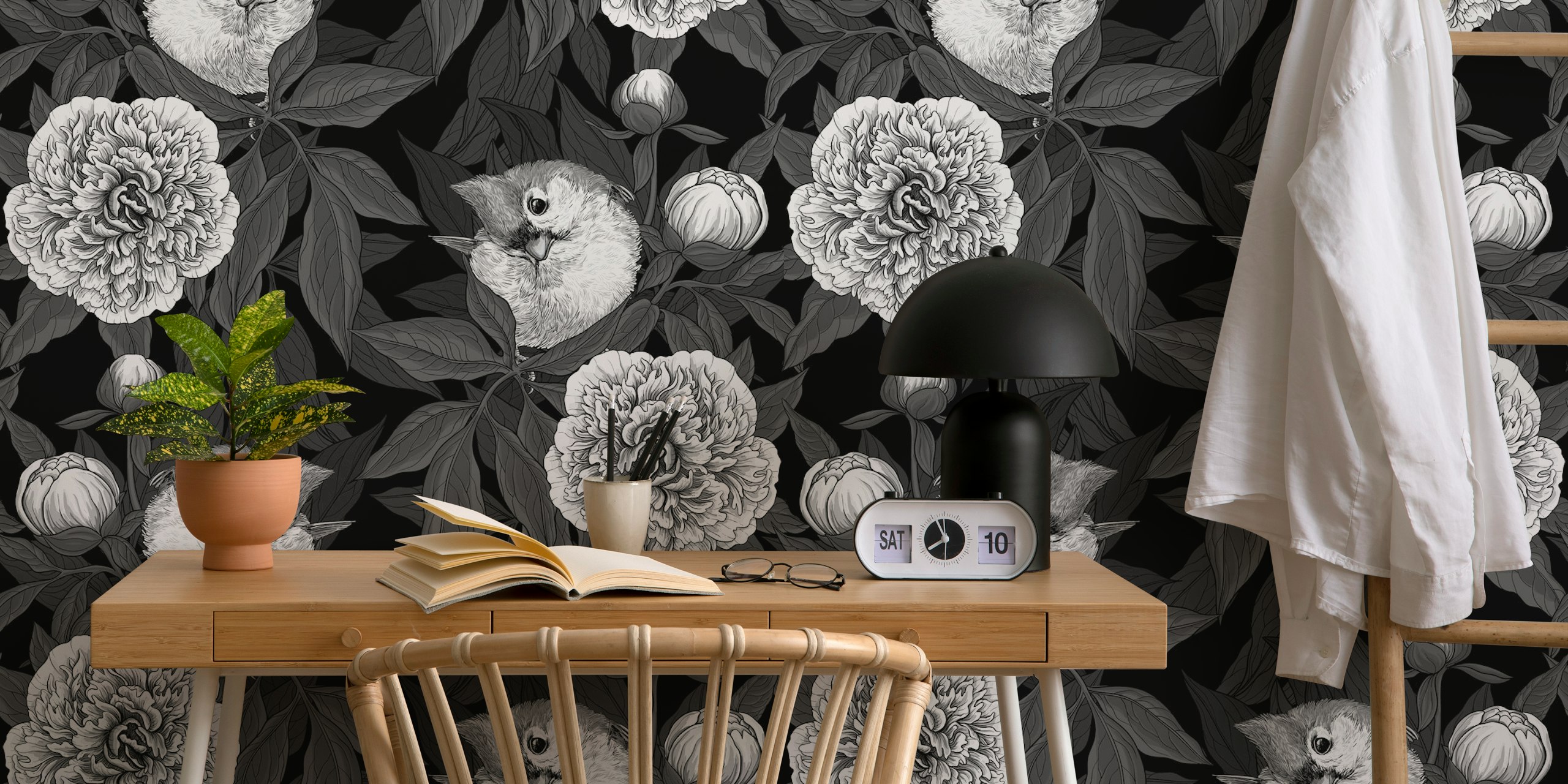 Monochrome wallpaper with Birds and peony flowers