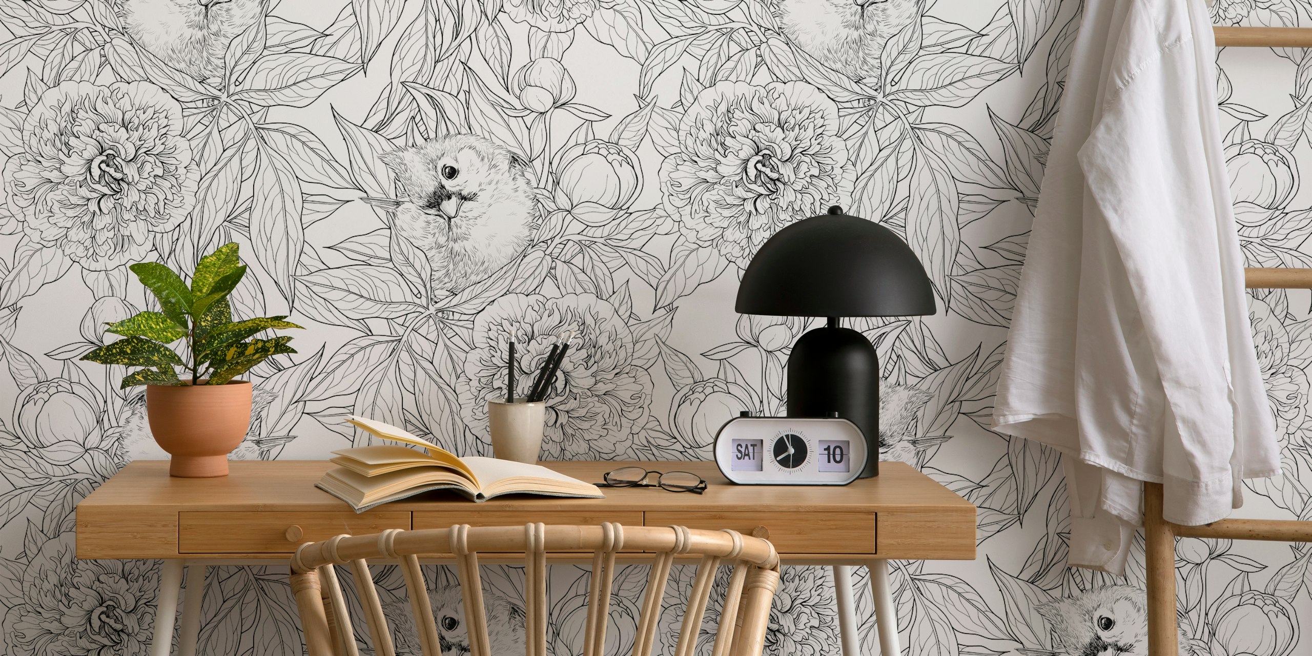 Birds and peony flowers in black and white wallpaper