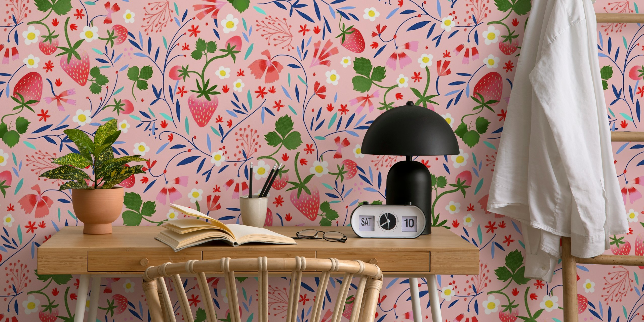 Strawberry floral wallpaper design