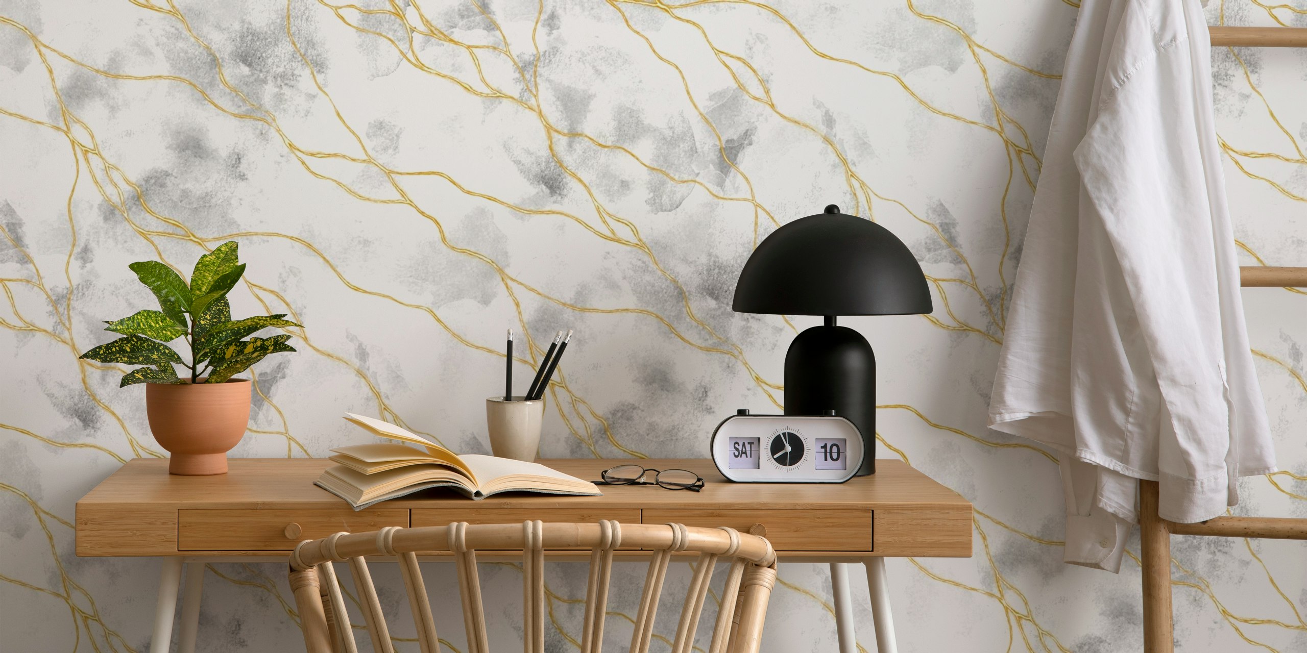 White marble wallpaper with golden veins and gray accents