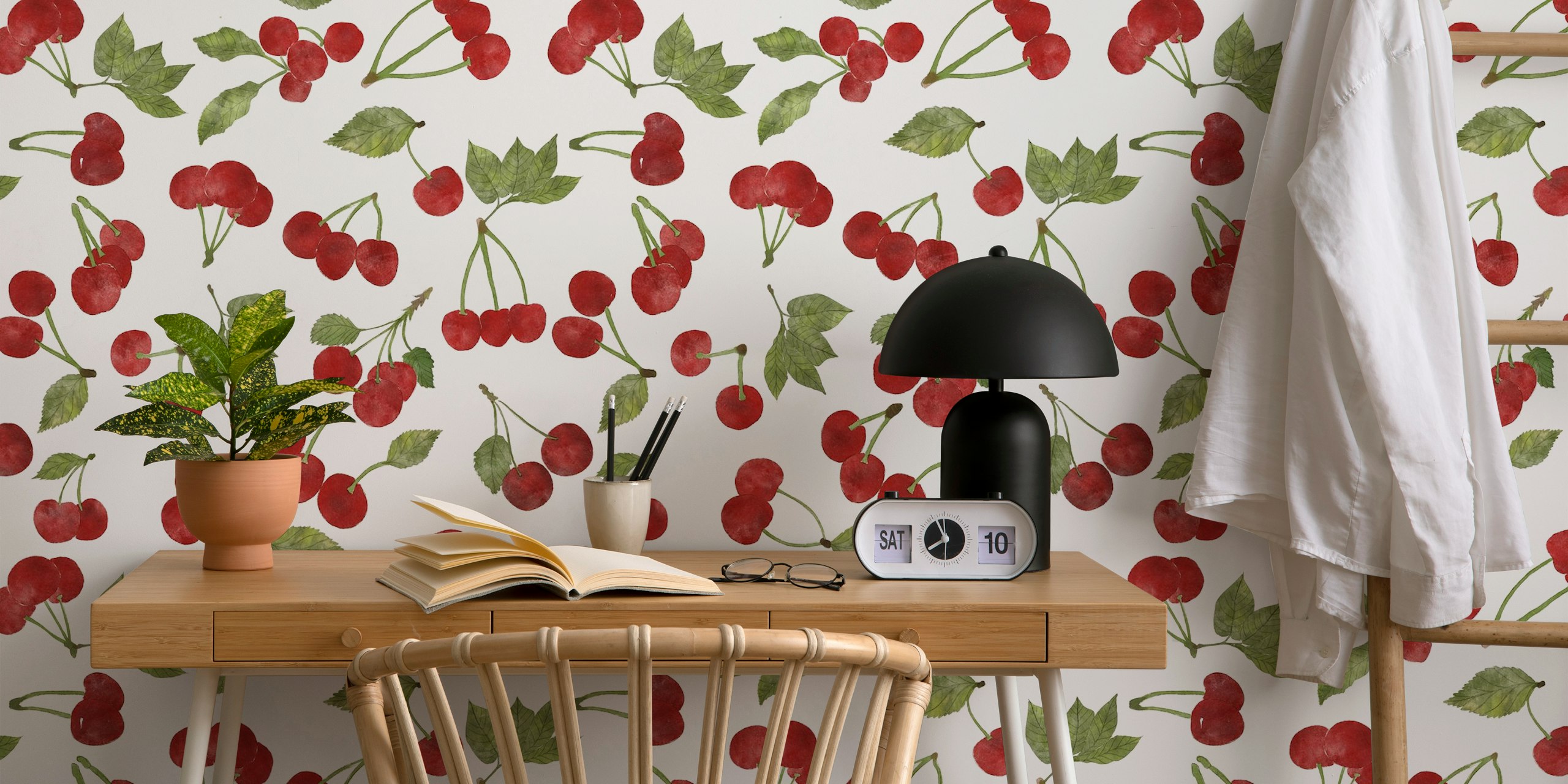 Red cherries and green leaves pattern wallpaper