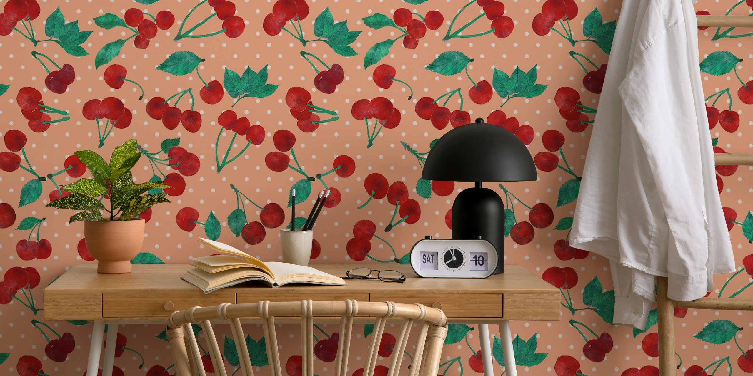 Red watercolor cherries wallpaper design
