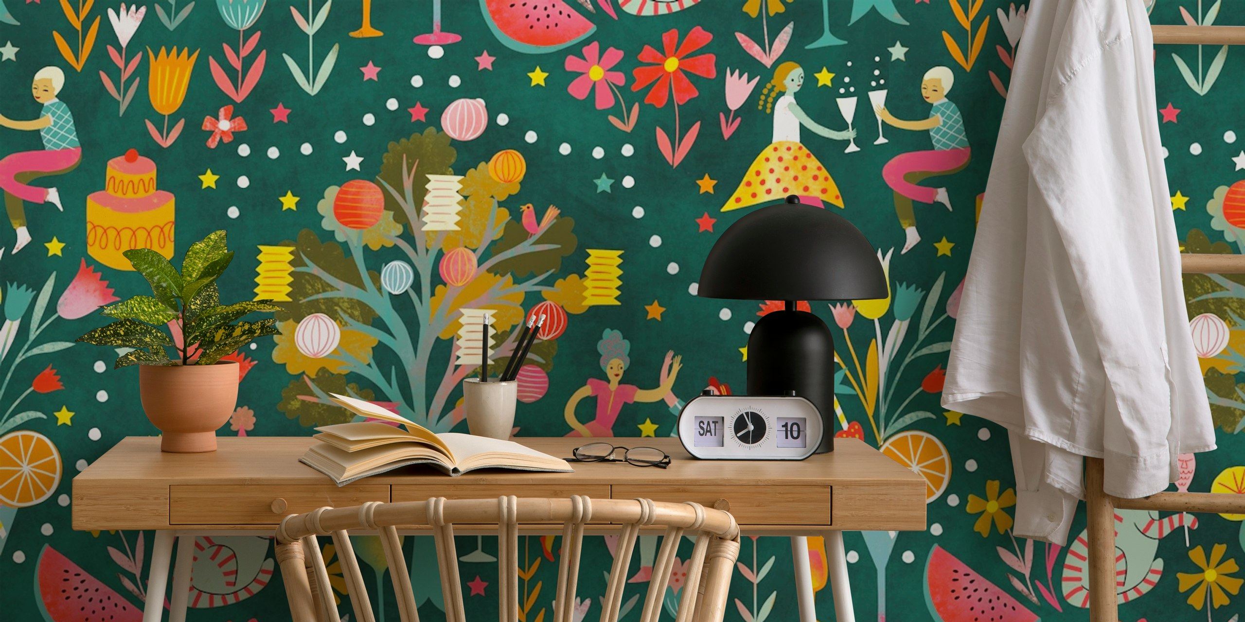 Colorful midnight summer garden party wallpaper