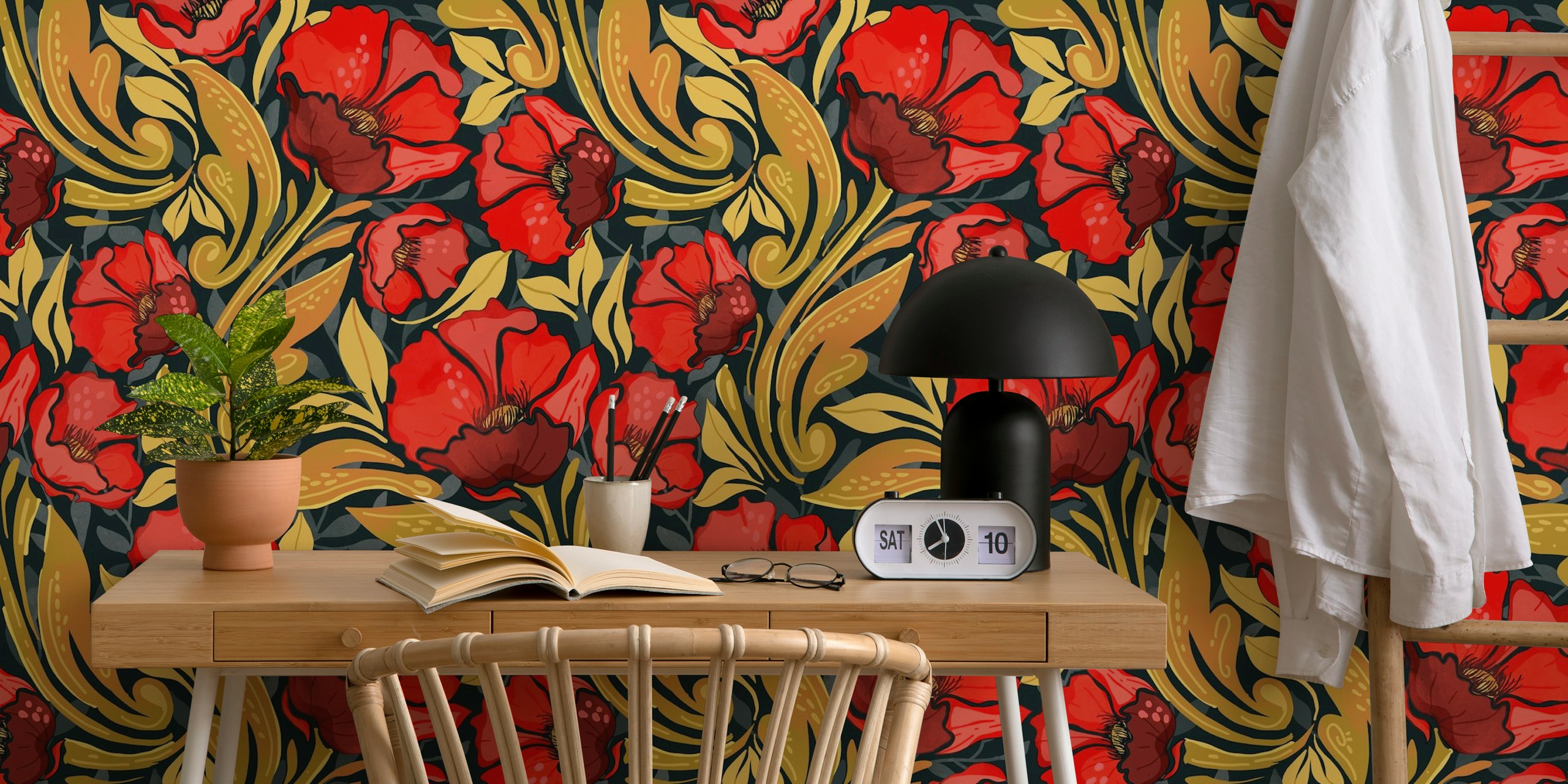 Red poppy flowers with green leaves on black background wallpaper