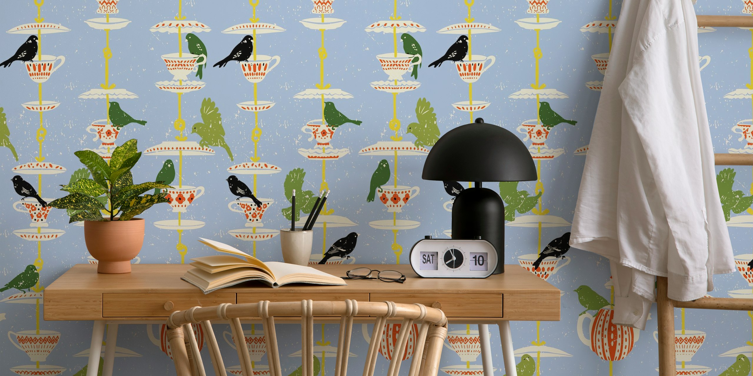 Garden Bird feeding summer blue wallpaper in a room