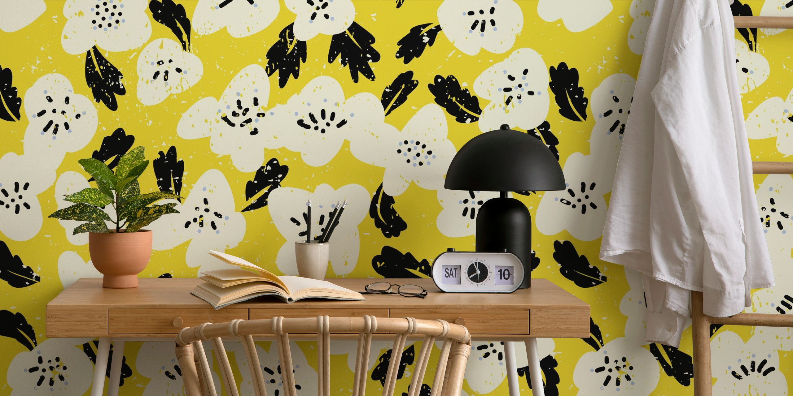 Bold flowers on yellow wallpaper in a room