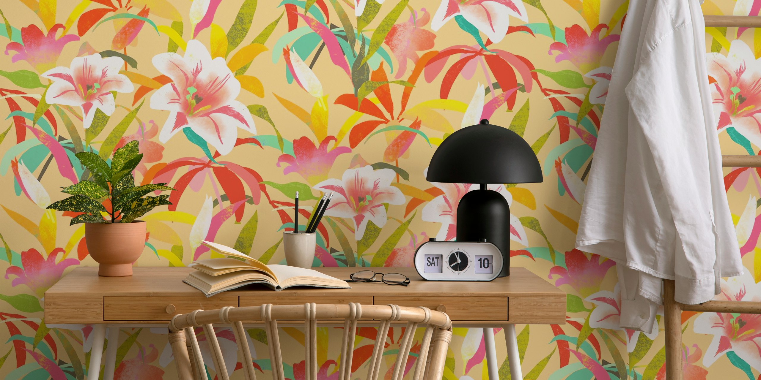 Vibrant summer lilies in pink, orange, and green wallpaper