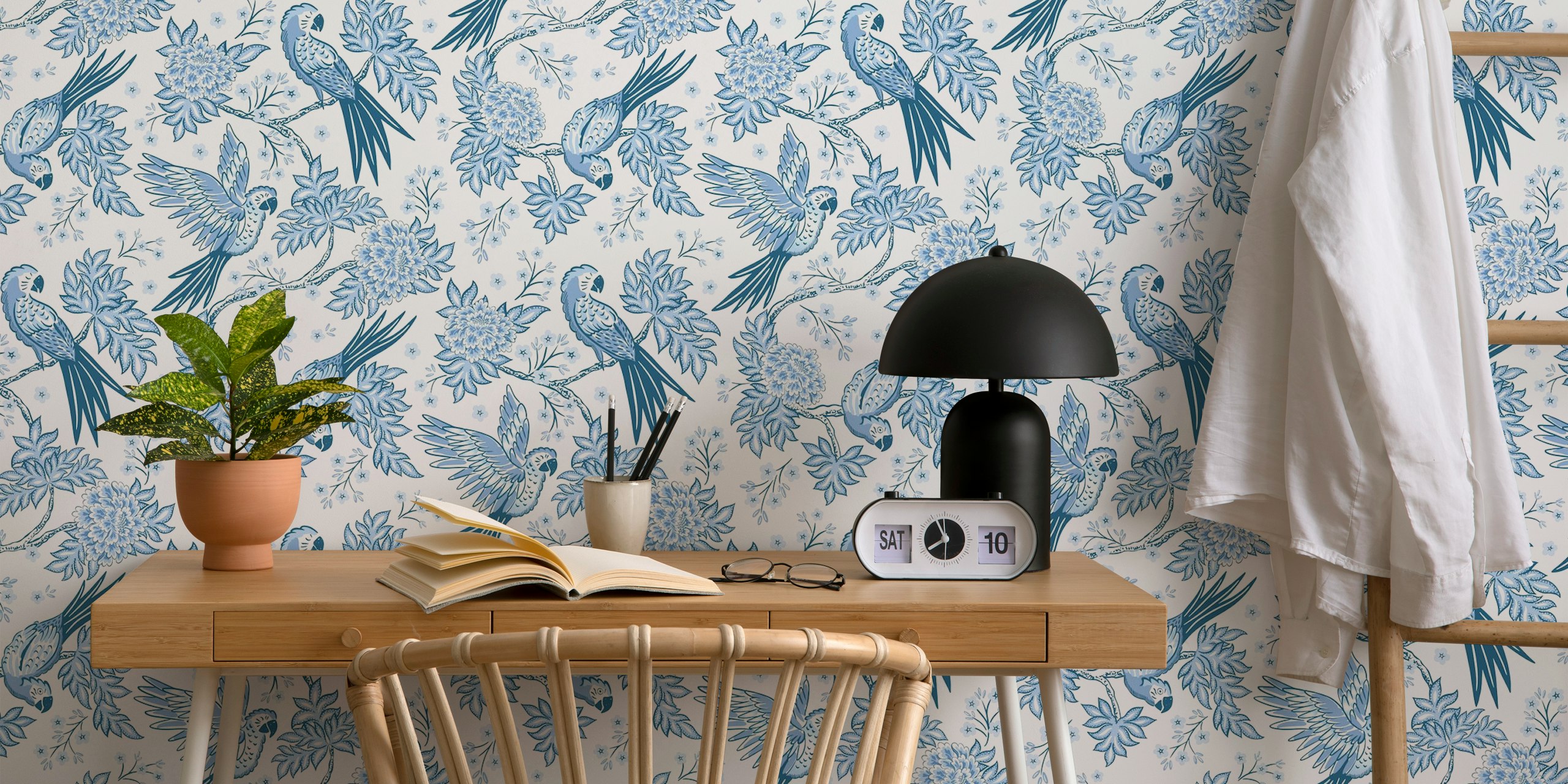 Blue parrot and flower patterns on white background wallpaper