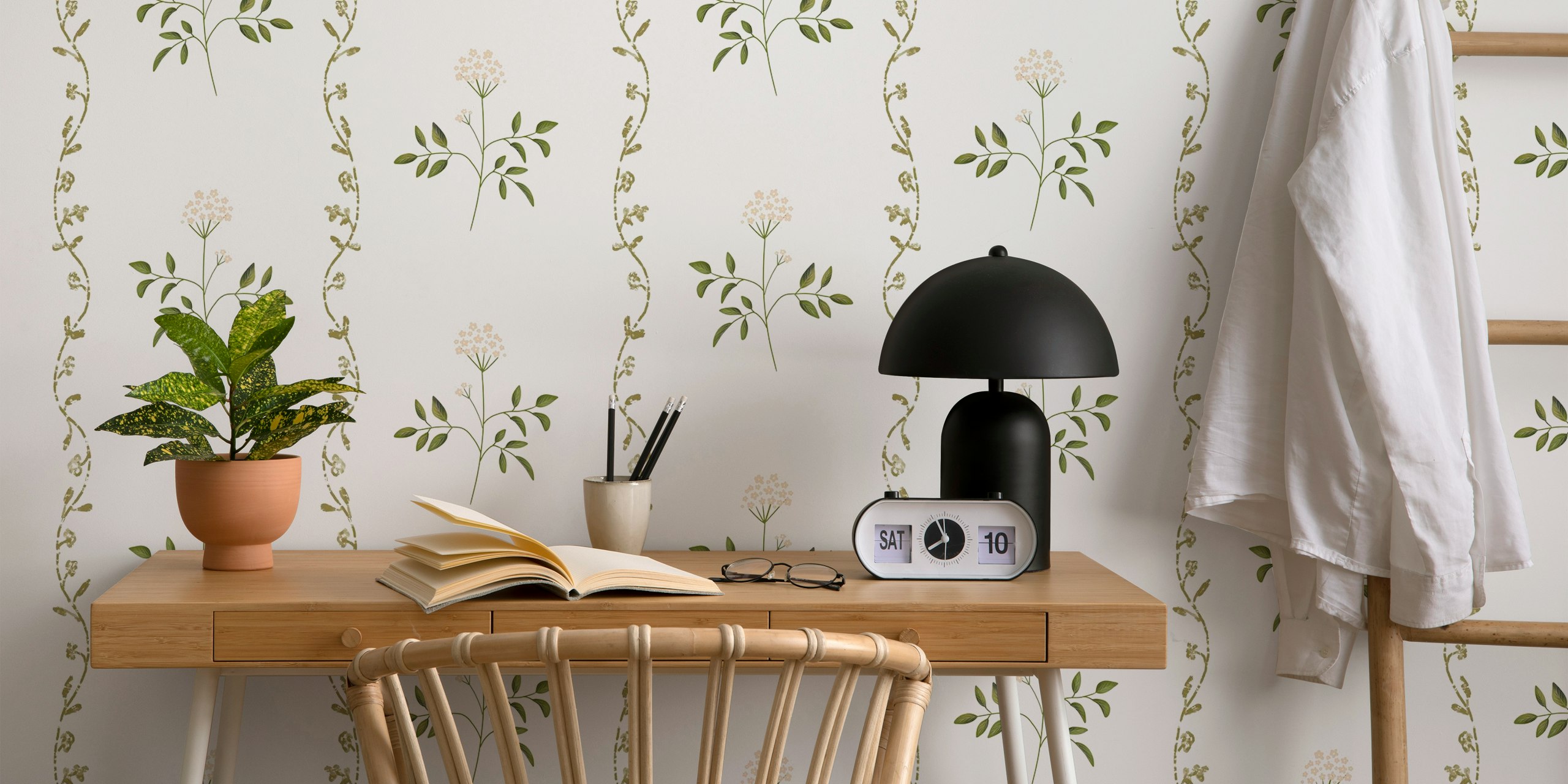 Minimal floral stripes wallpaper in a room