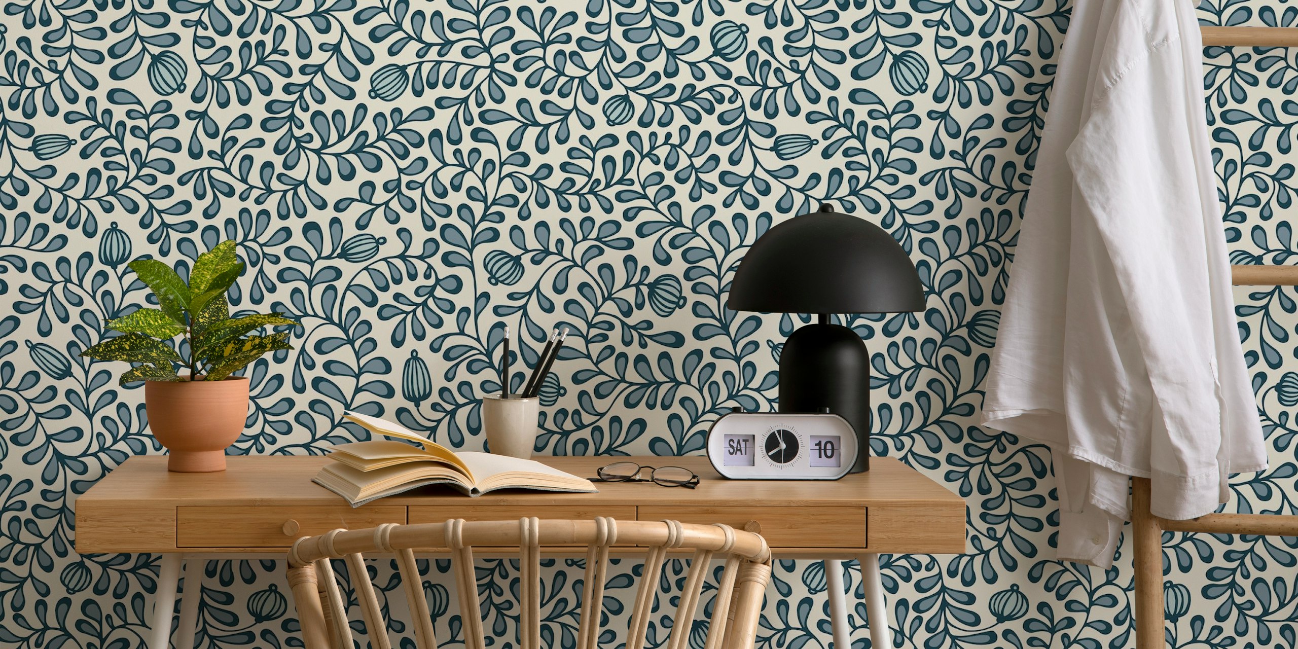 Interieur met Tangled Leaves Grey Blue Behang