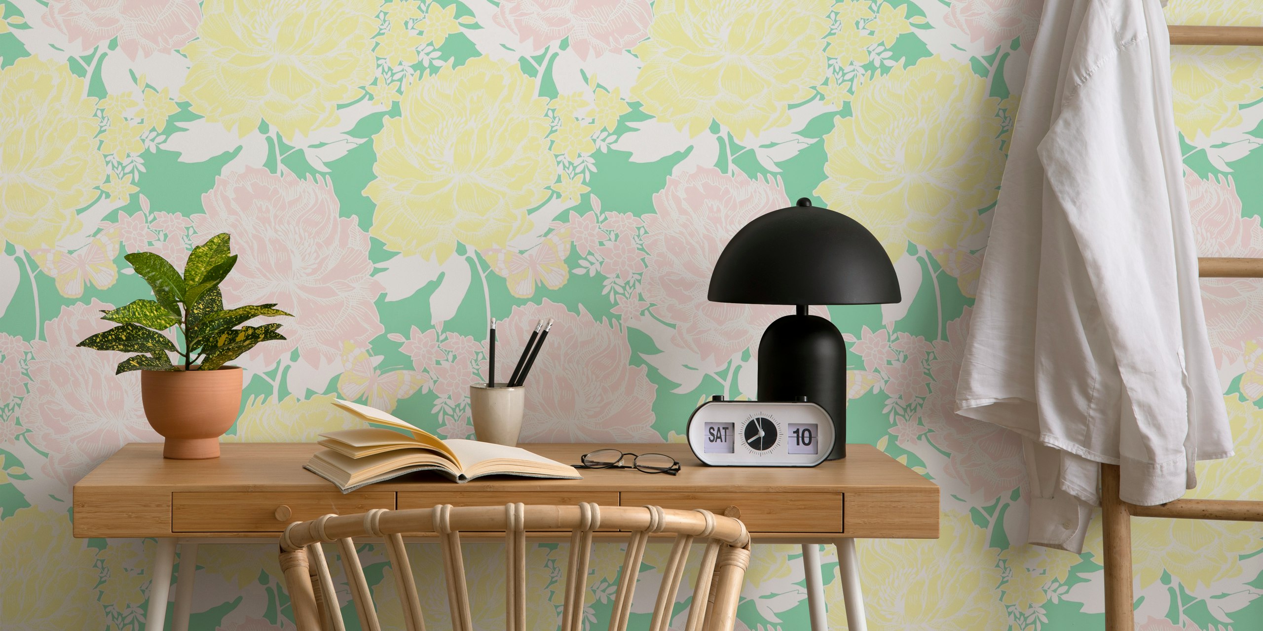 Lush pink and yellow flowers wallpaper in a room