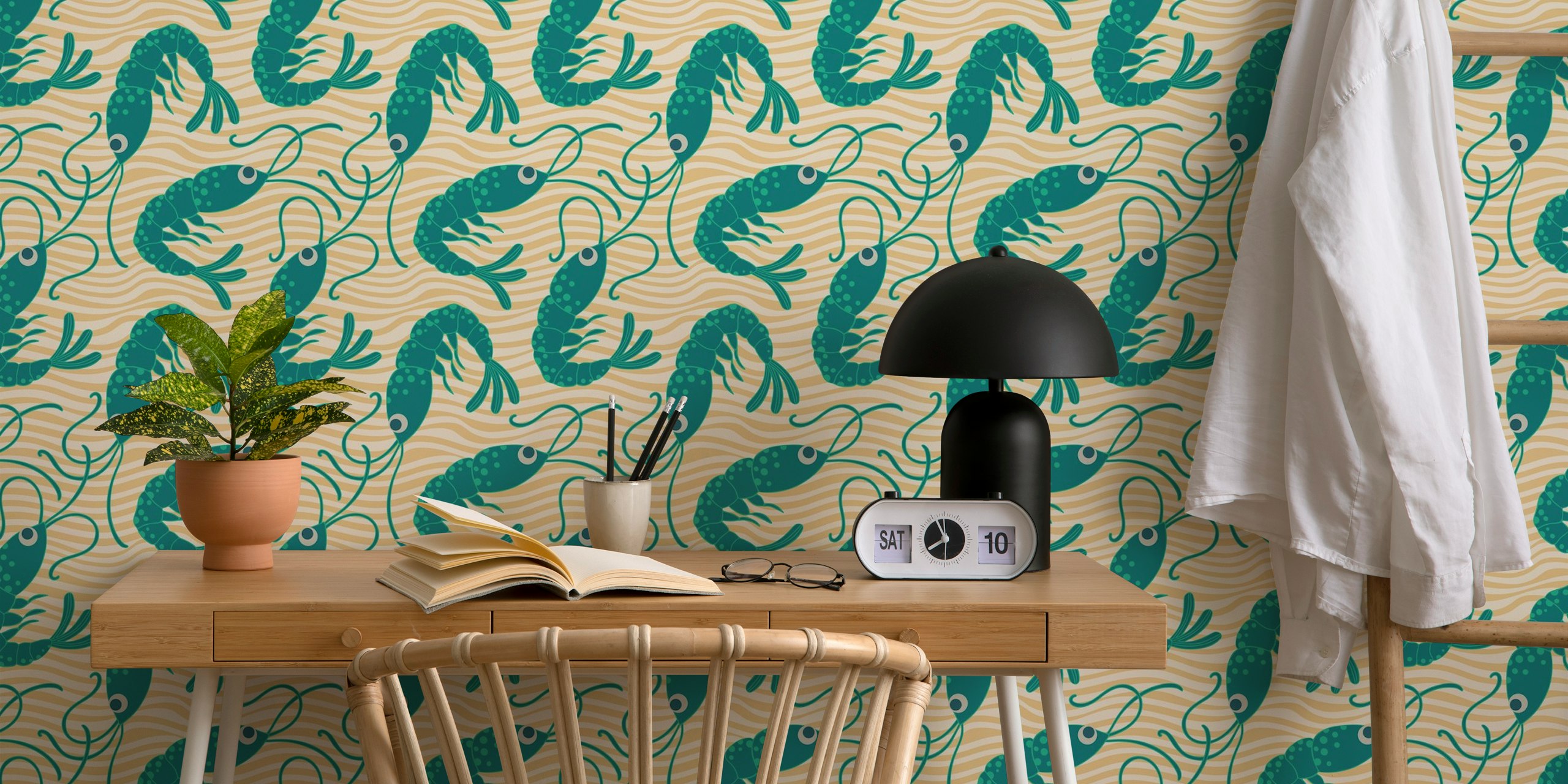 Coastal shrimp wallpaper design in a room