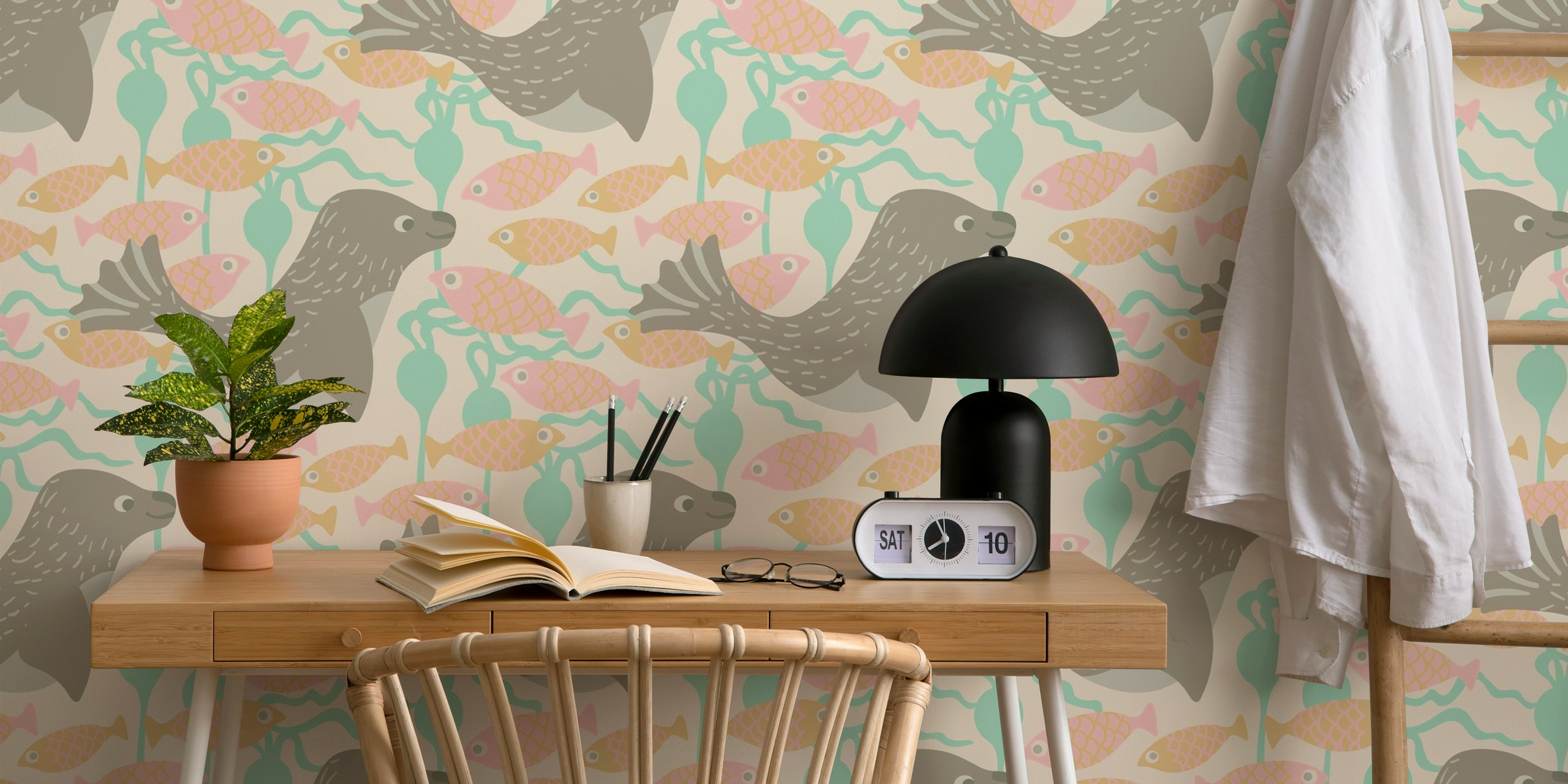 Cute seals and pastel fish with seaweed on beige background wallpaper