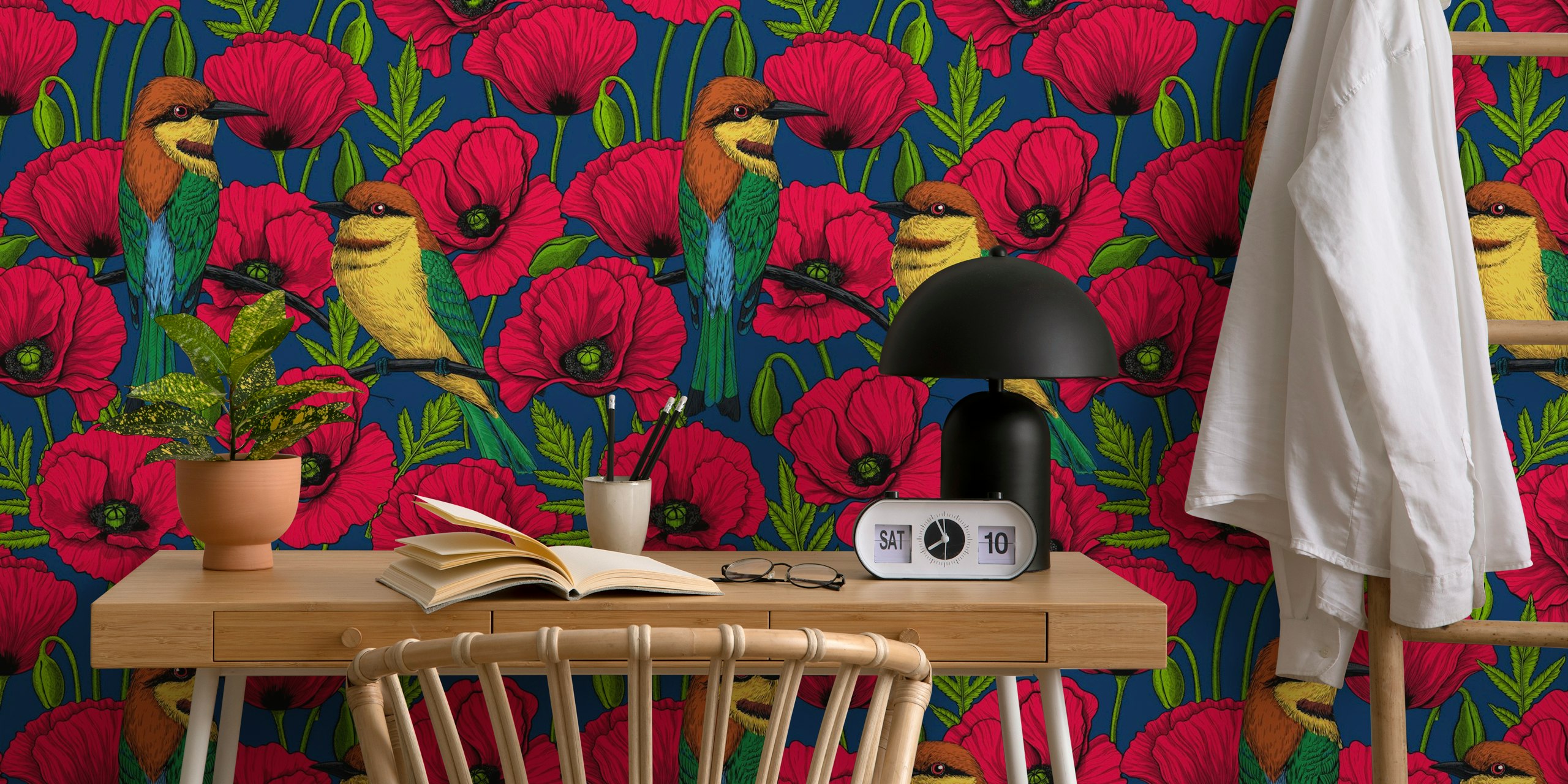 Bee eaters and red poppies on dark blue background wallpaper