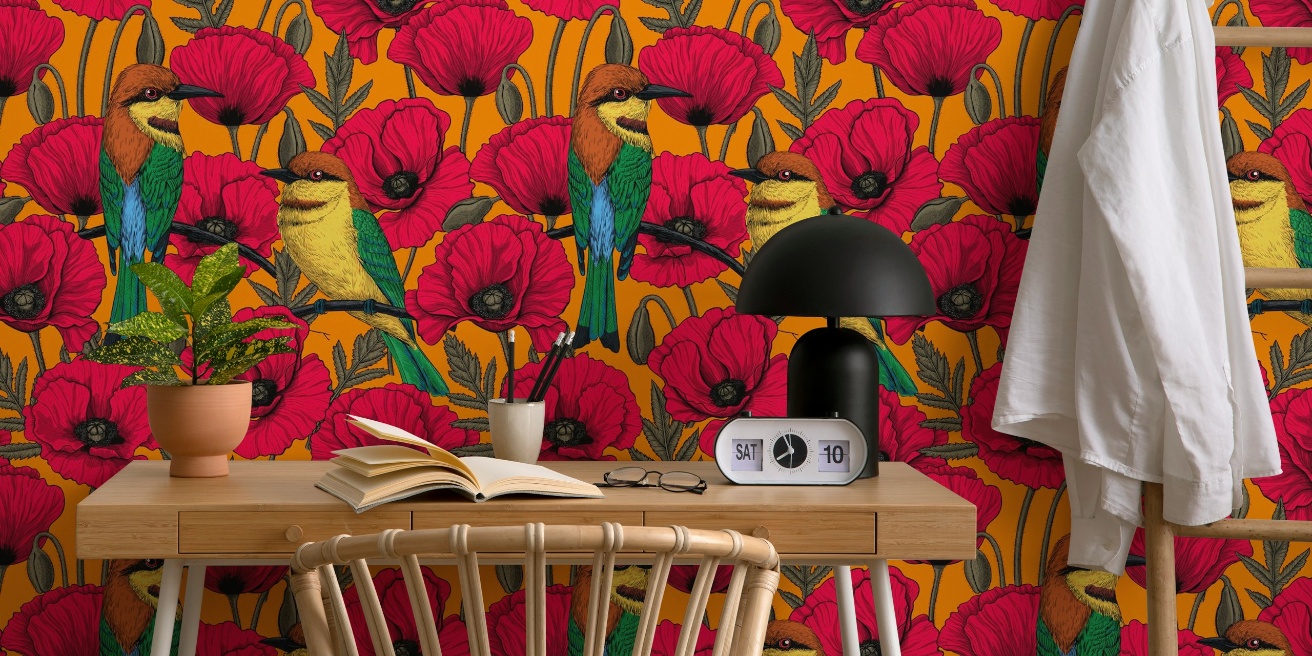 Bee eaters and poppies wallpaper design