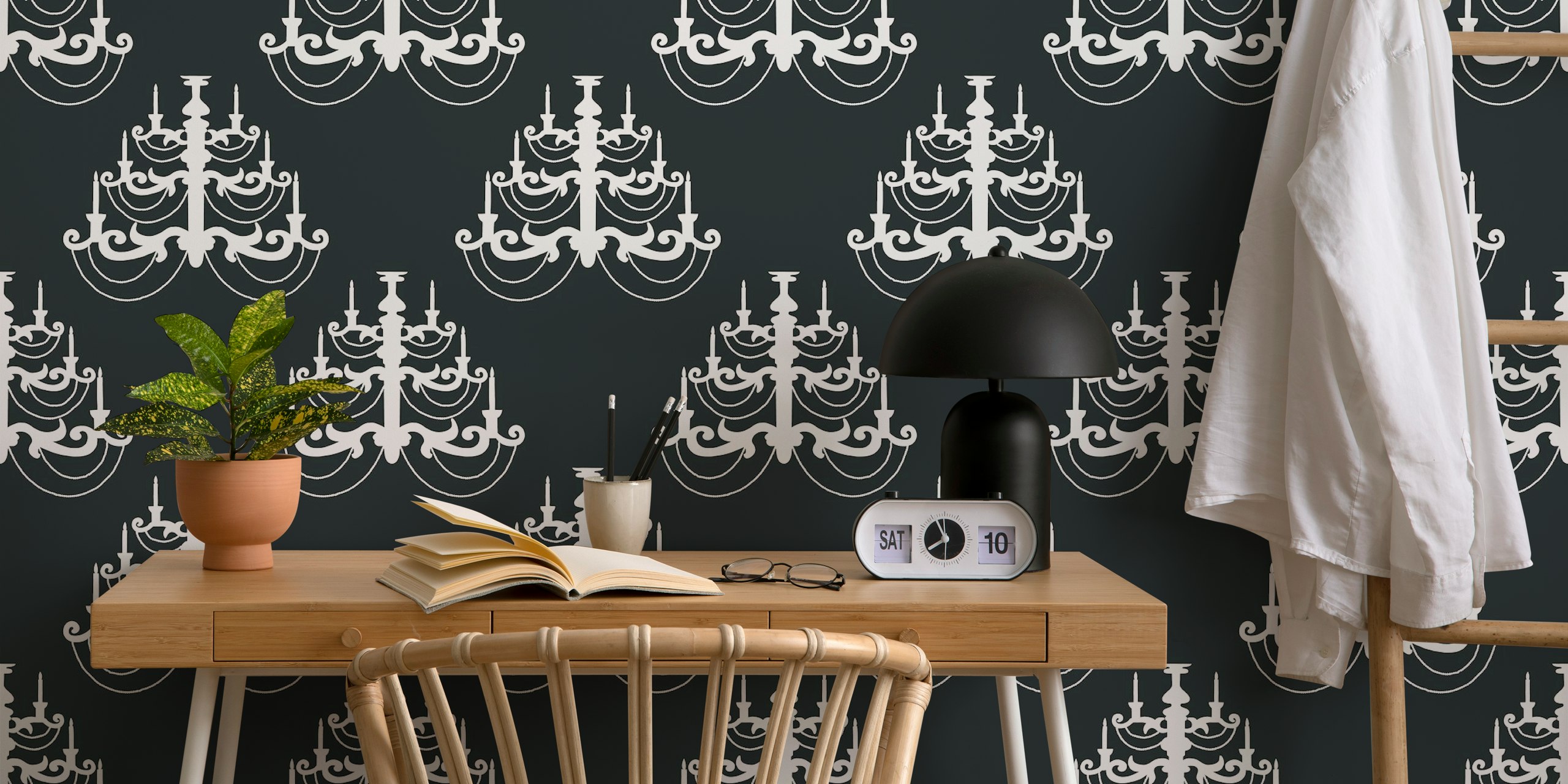 White chandelier pattern on black background wallpaper