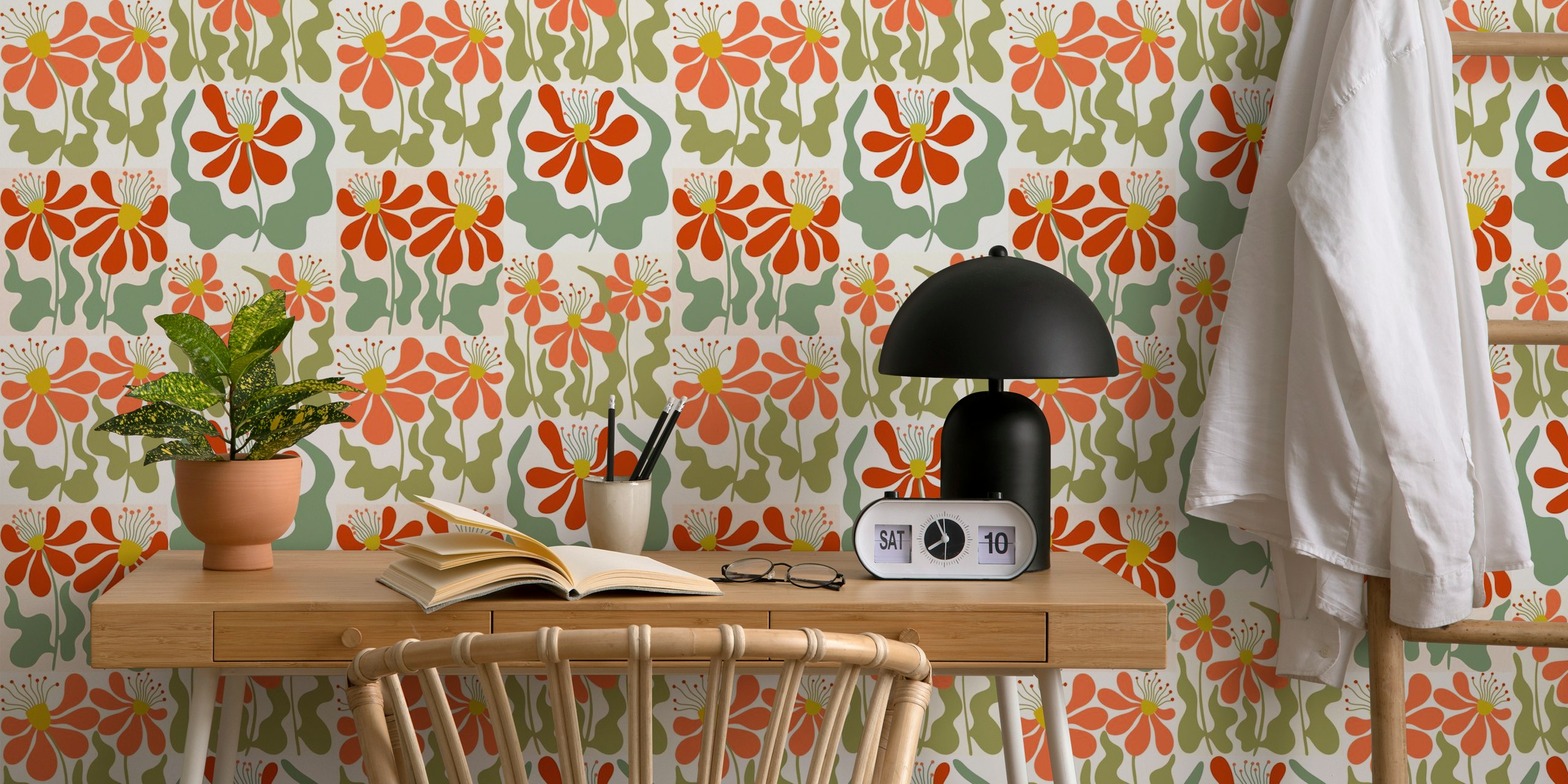 Tapete mit roten und orange Retro flowers